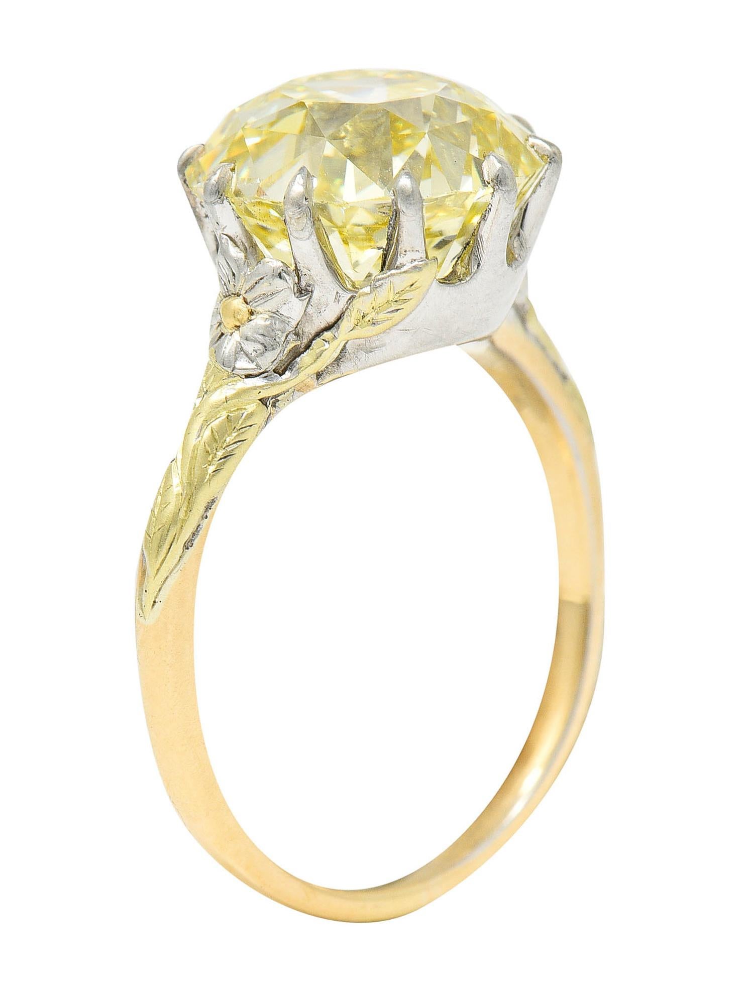 Arts & Crafts 7.12 Carats Fancy Yellow Diamond 14 Karat Tri-Colored Gold Ring 2