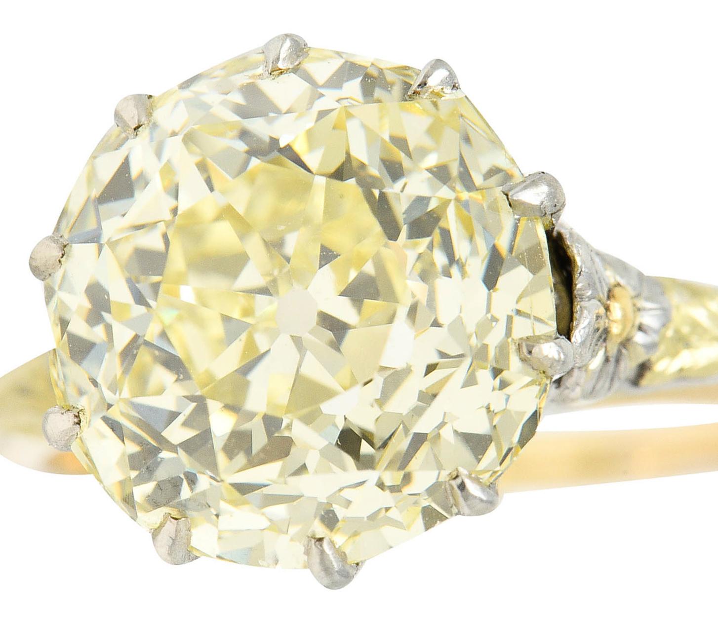 Arts & Crafts 7.12 Carats Fancy Yellow Diamond 14 Karat Tri-Colored Gold Ring 4