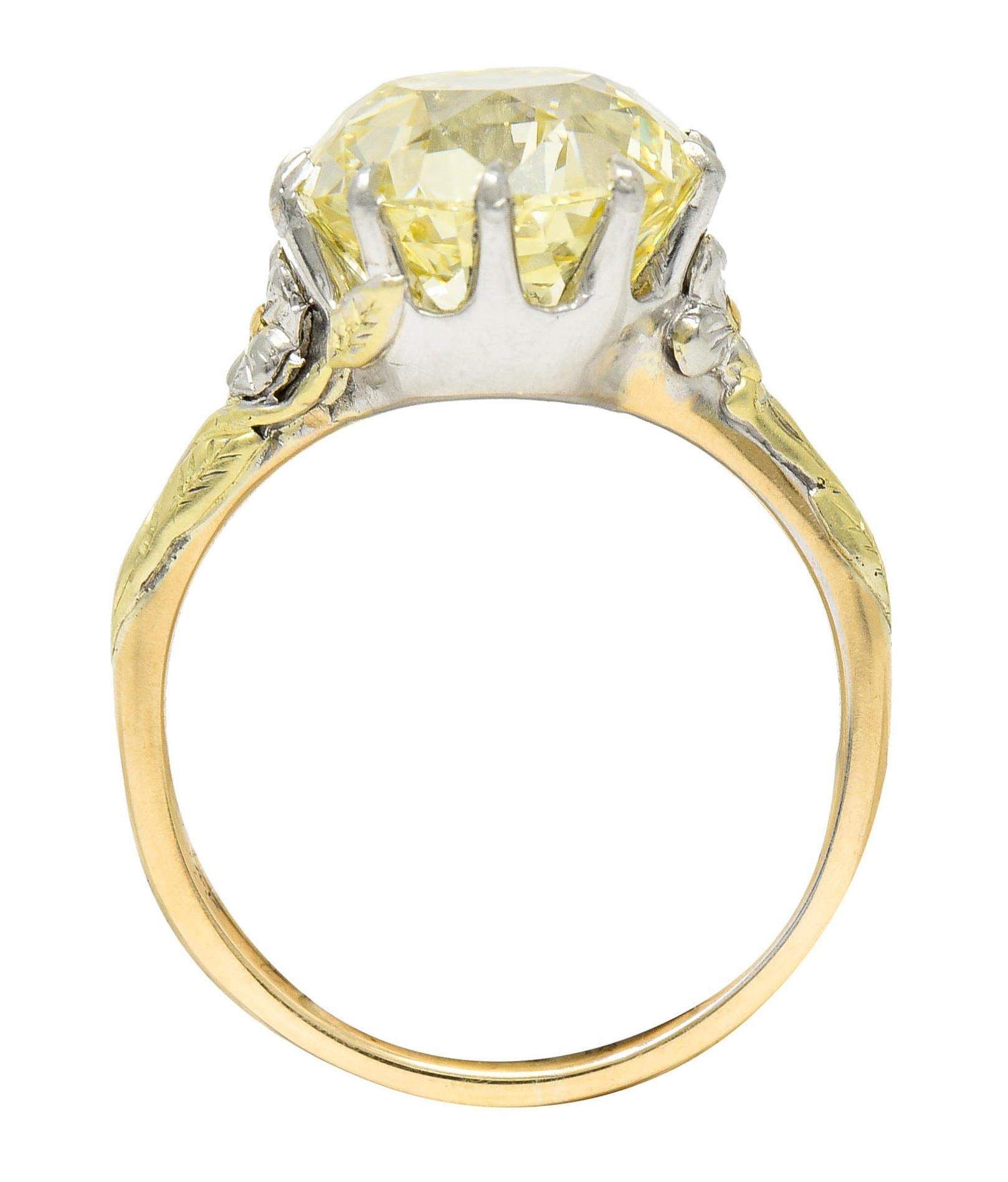 Brilliant Cut Arts & Crafts 7.12 Carats Fancy Yellow Diamond 14 Karat Tri-Colored Gold Ring