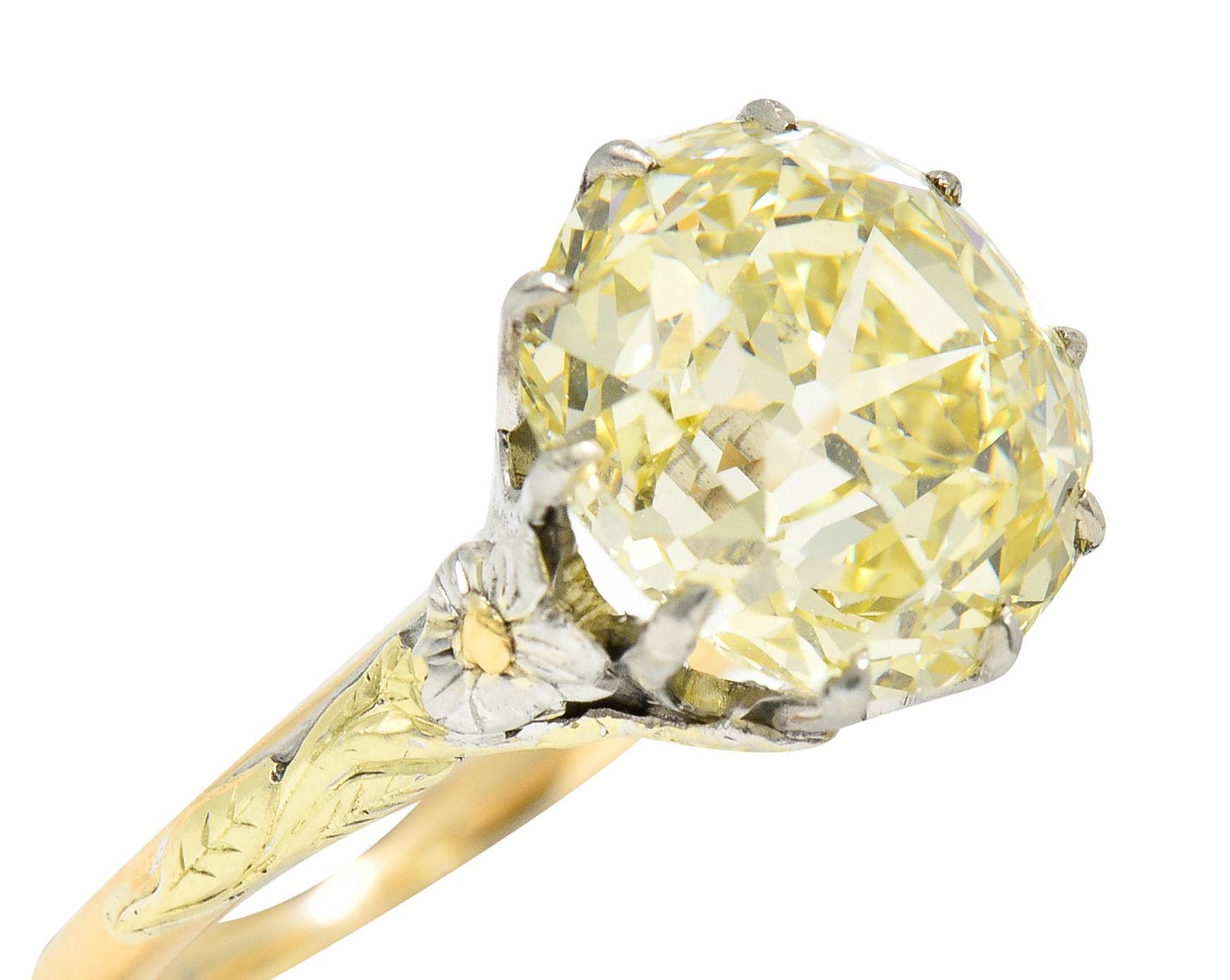Arts & Crafts 7.12 Carats Fancy Yellow Diamond 14 Karat Tri-Colored Gold Ring 1