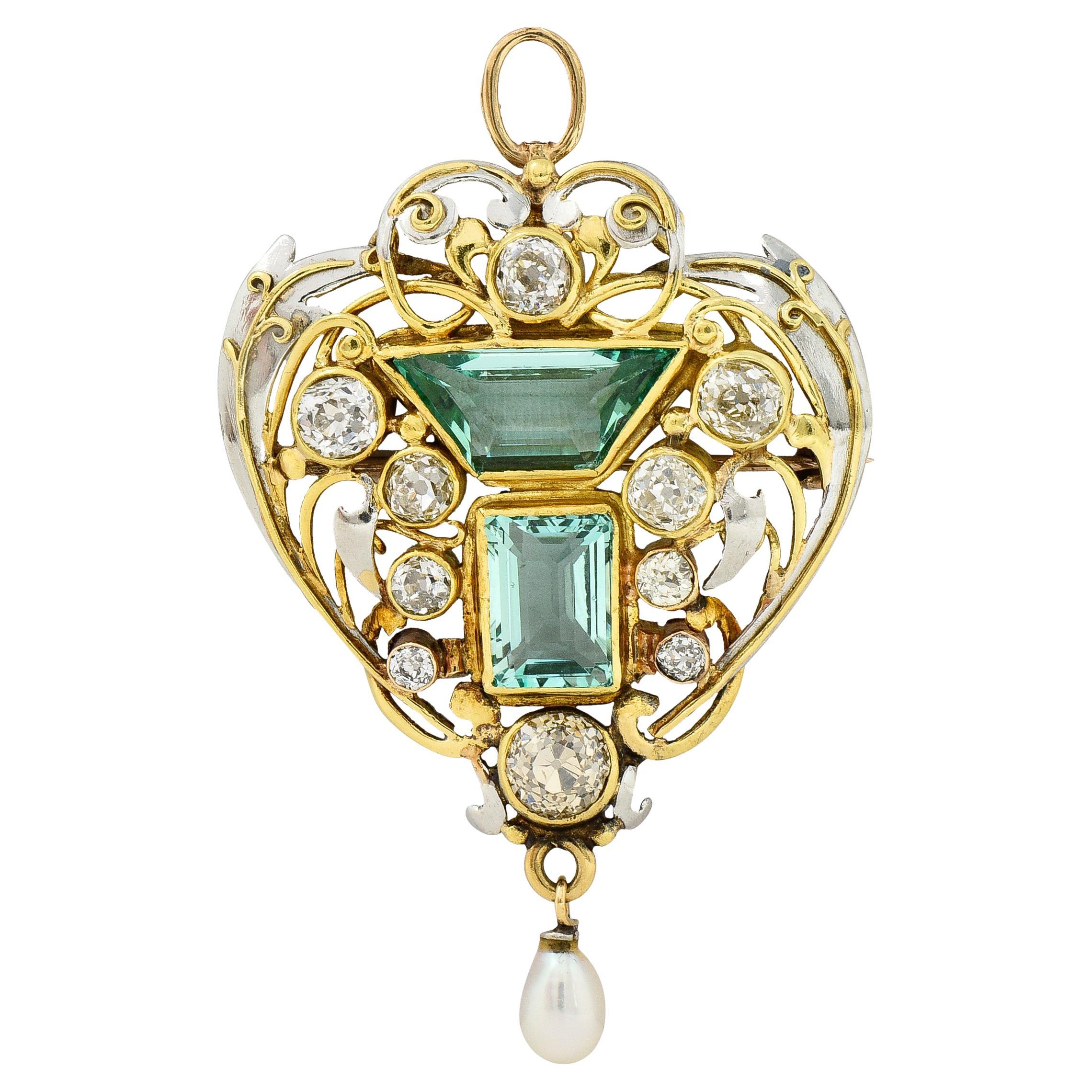 Arts & Crafts 8.80 Carats No Oil Emerald Diamond Pearl Platinum 18 Karat Brooch For Sale