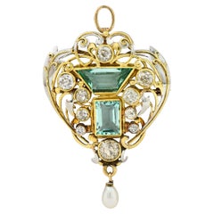 Arts & Crafts 8.80 Carats No Oil Emerald Diamond Pearl Platinum 18 Karat Brooch