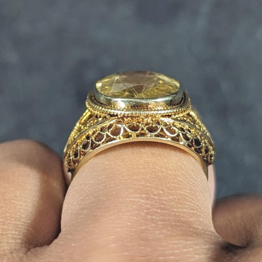 Arts & Crafts 9.05 CTW Yellow Sapphire 14k Yellow Gold Filigree Antique Ring For Sale 7