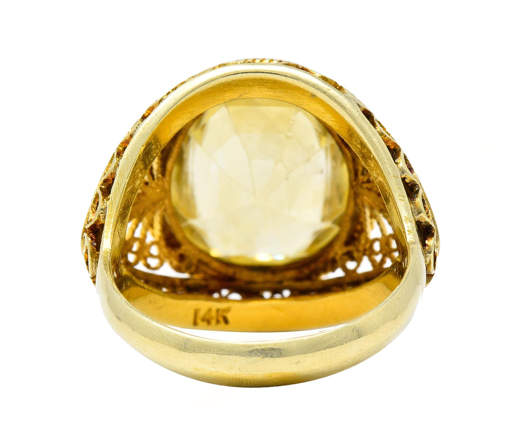 Arts & Crafts 9.05 CTW Yellow Sapphire 14k Yellow Gold Filigree Antique Ring In Excellent Condition For Sale In Philadelphia, PA