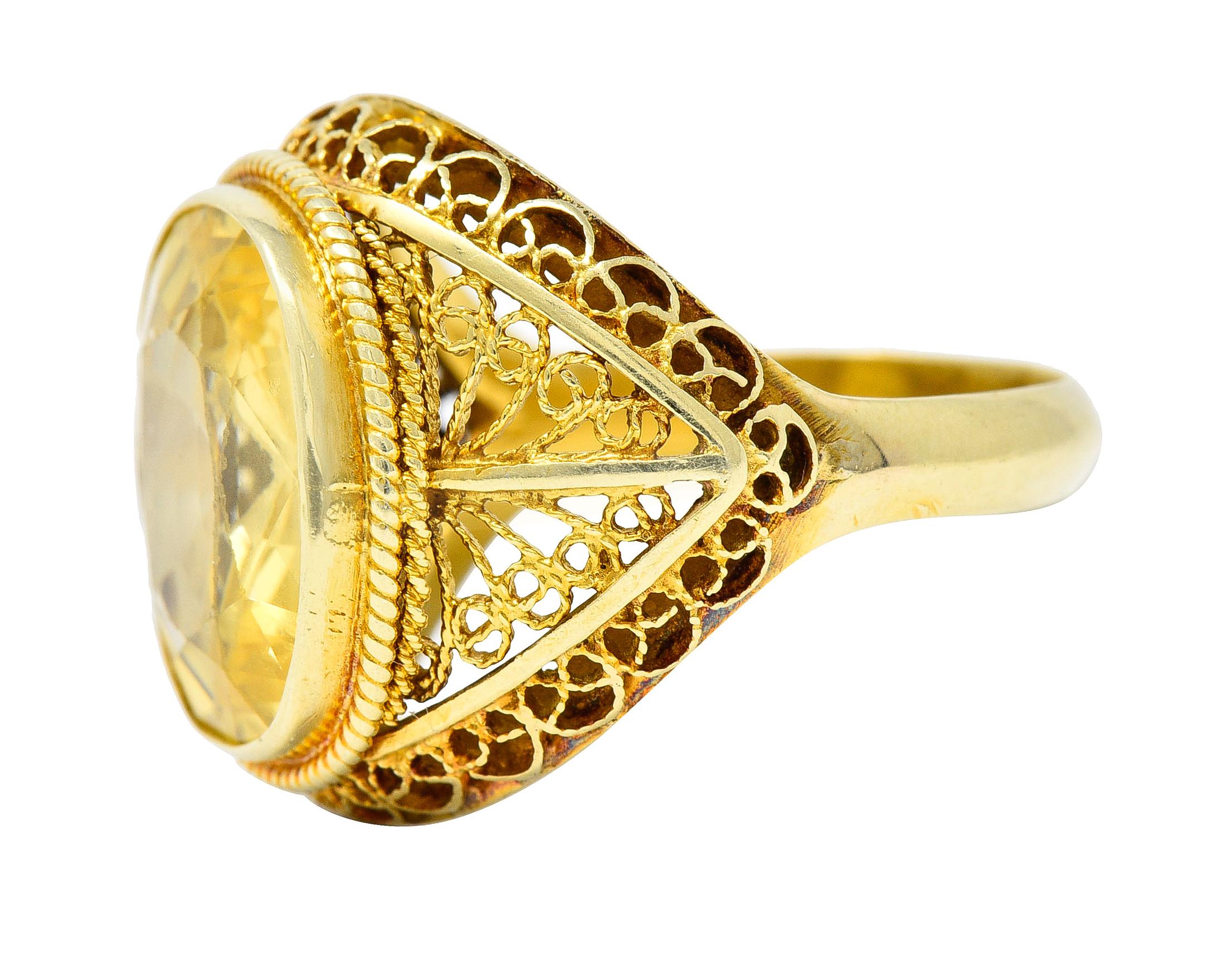 Women's or Men's Arts & Crafts 9.05 CTW Yellow Sapphire 14k Yellow Gold Filigree Antique Ring For Sale
