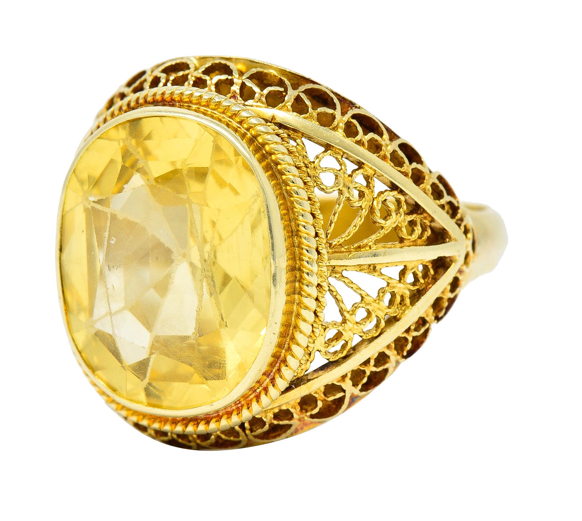 Arts & Crafts 9.05 CTW Yellow Sapphire 14k Yellow Gold Filigree Antique Ring For Sale 1