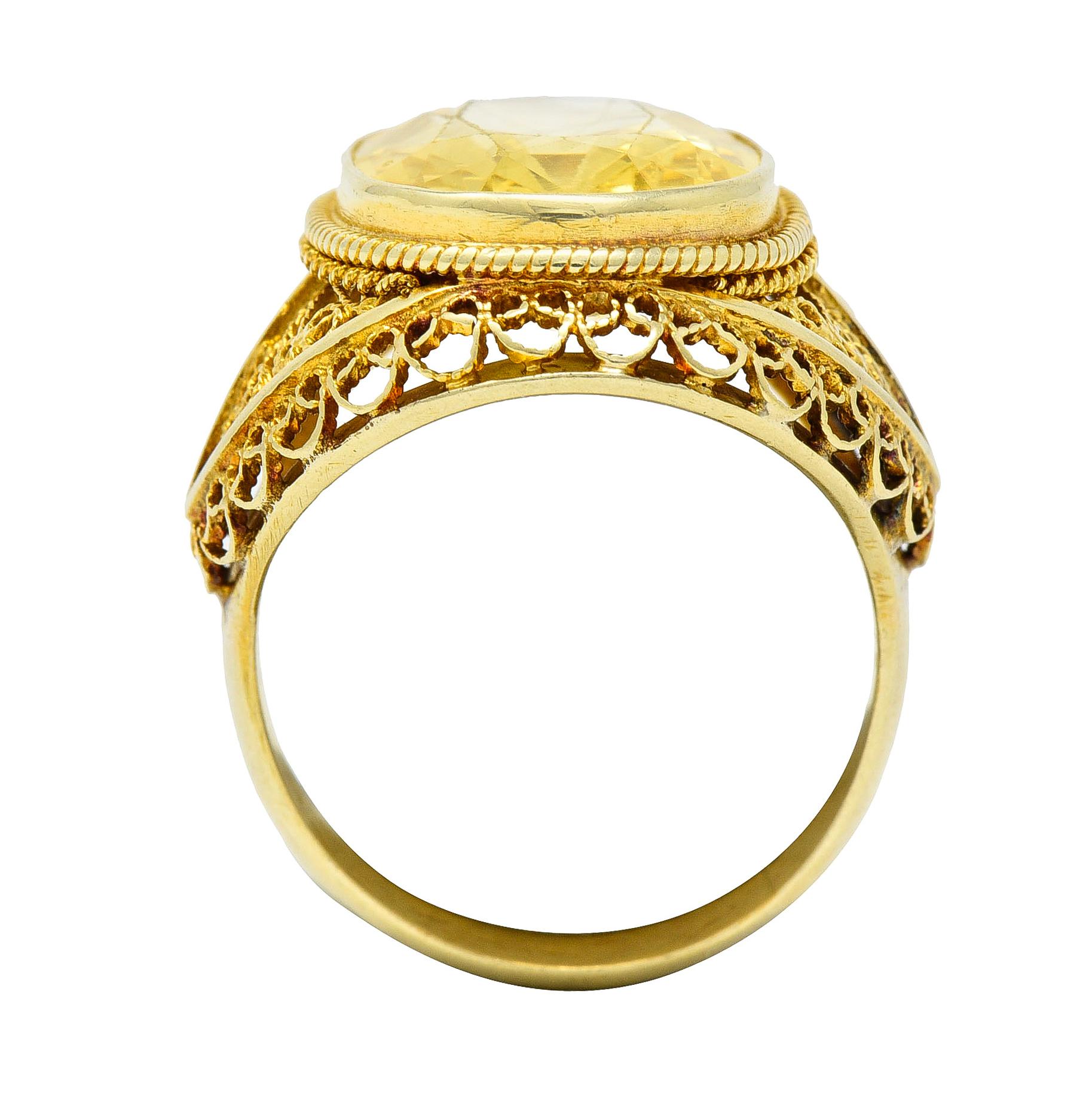 Arts & Crafts 9.05 CTW Yellow Sapphire 14k Yellow Gold Filigree Antique Ring For Sale 4