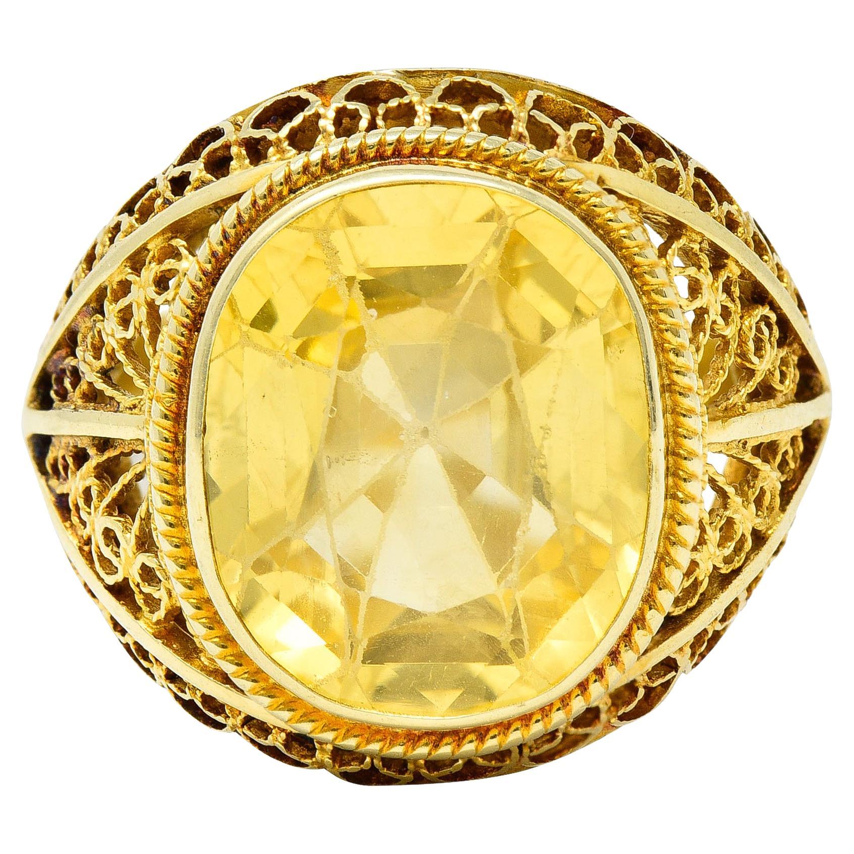 Arts & Crafts 9.05 CTW Yellow Sapphire 14k Yellow Gold Filigree Antique Ring For Sale