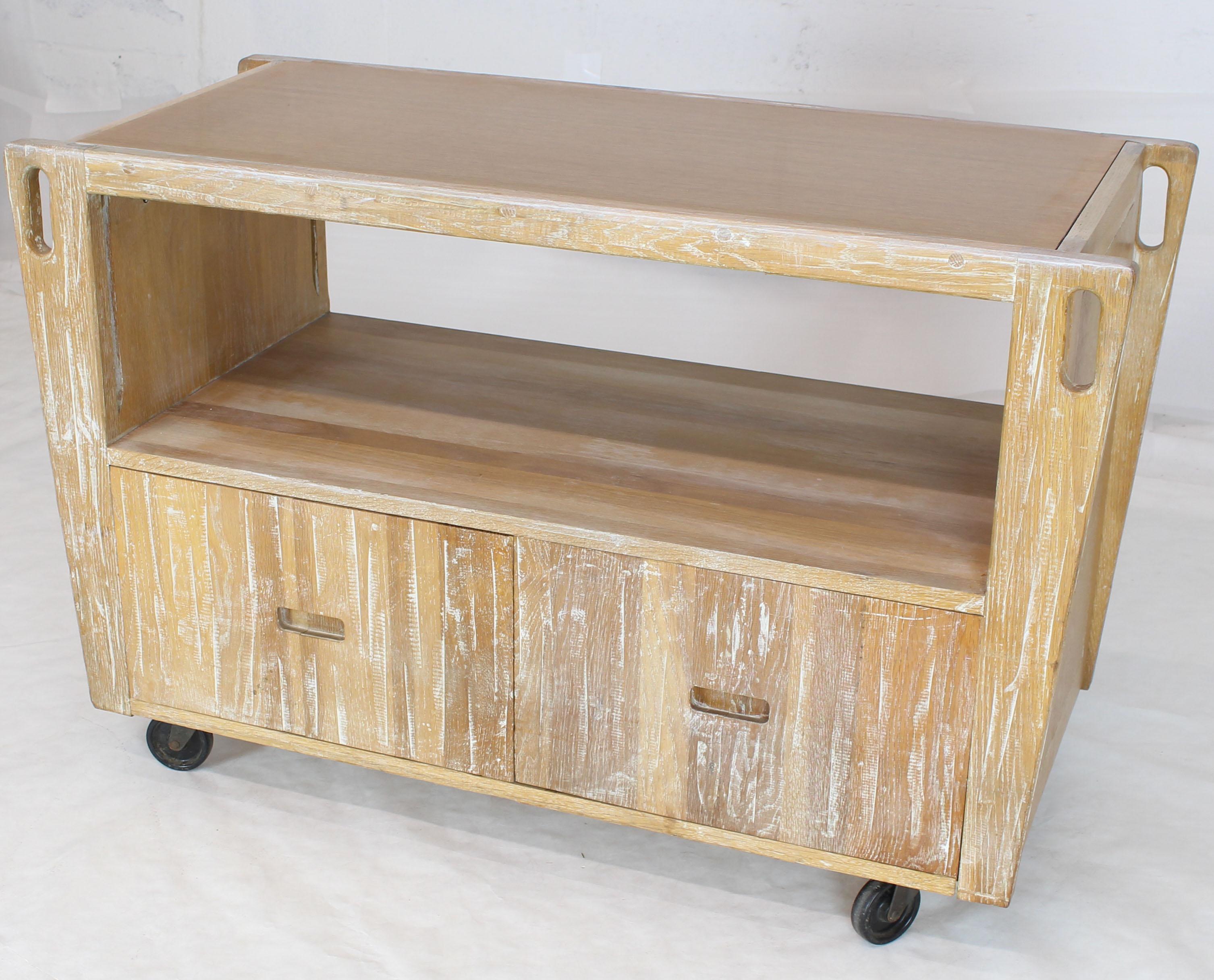 Arts & Crafts Adze Cut Ceruised Oak Finish Serving Cart Bar on Wheels For Sale 2
