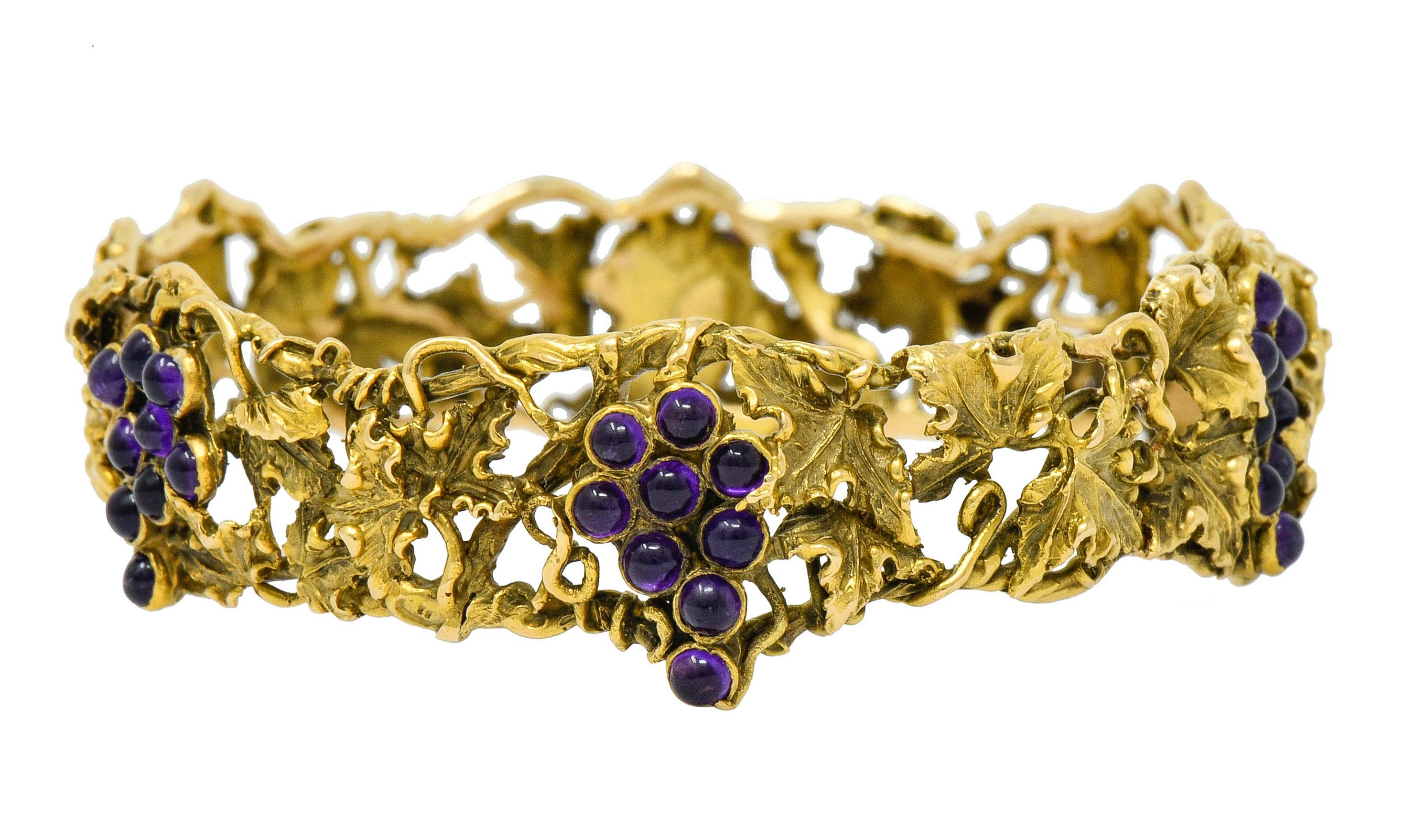 Art Nouveau Arts & Crafts Amethyst 14 Karat Gold Grape Cluster Vine Bangle Bracelet