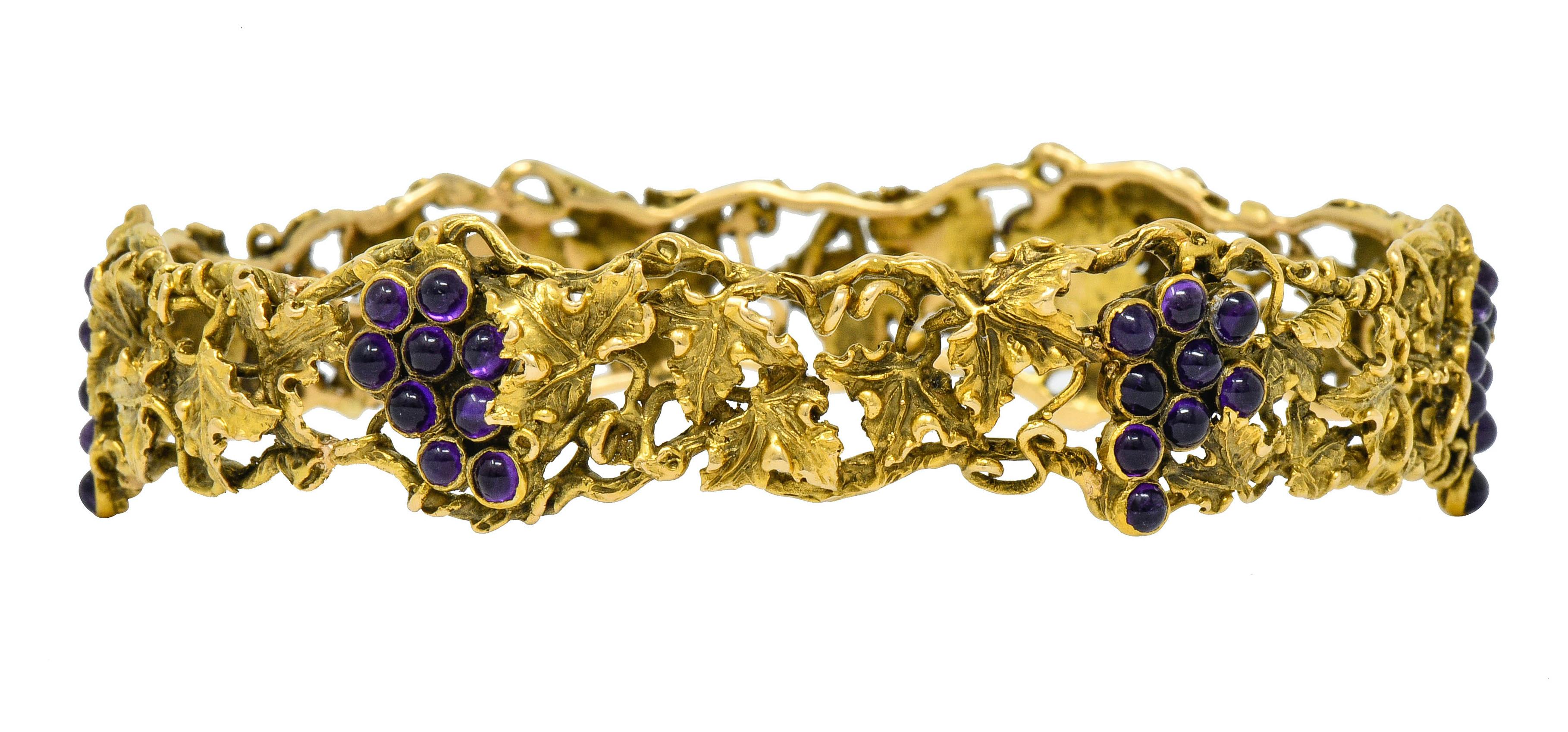 Cabochon Arts & Crafts Amethyst 14 Karat Gold Grape Cluster Vine Bangle Bracelet