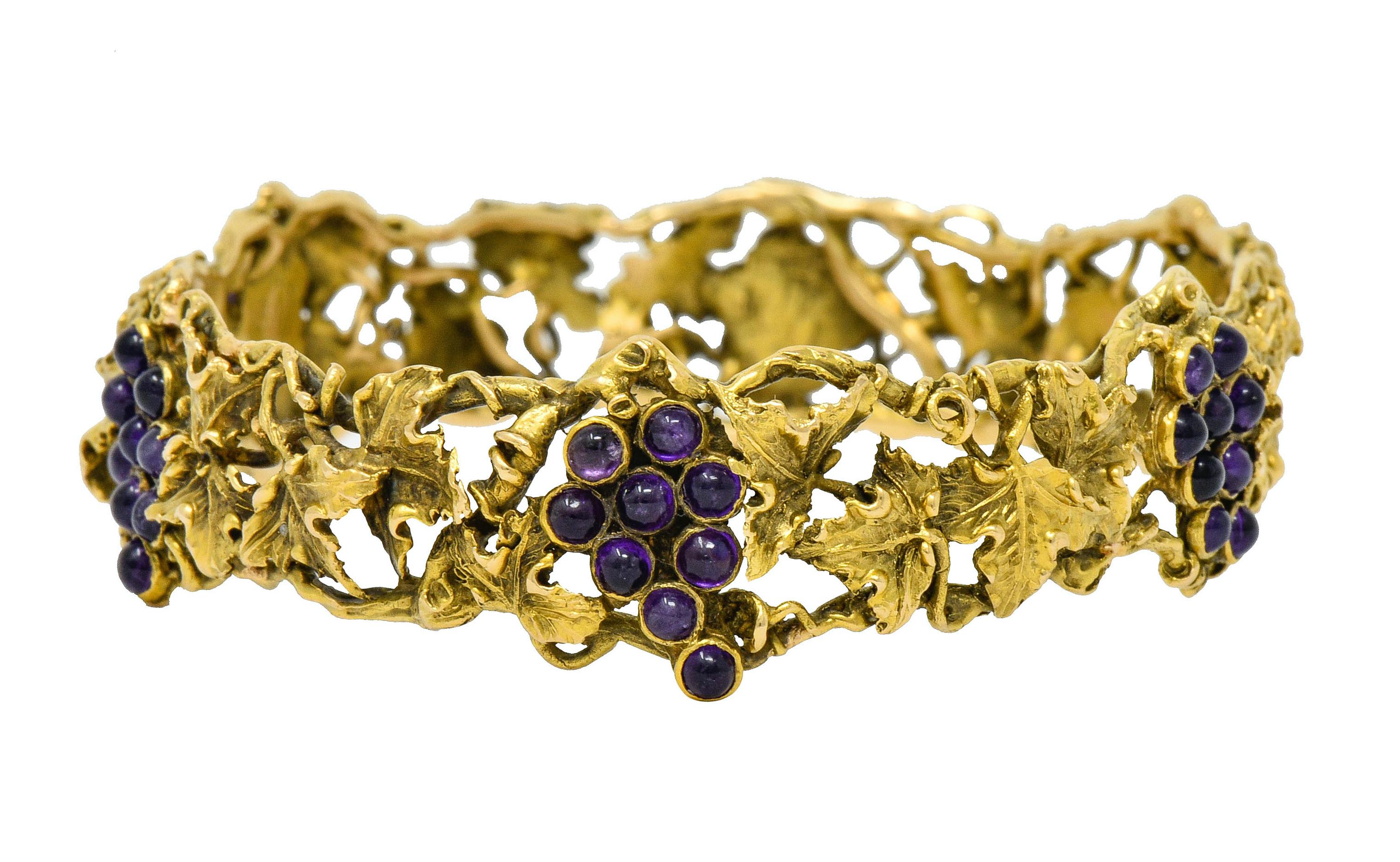 Arts & Crafts Amethyst 14 Karat Gold Grape Cluster Vine Bangle Bracelet In Excellent Condition In Philadelphia, PA