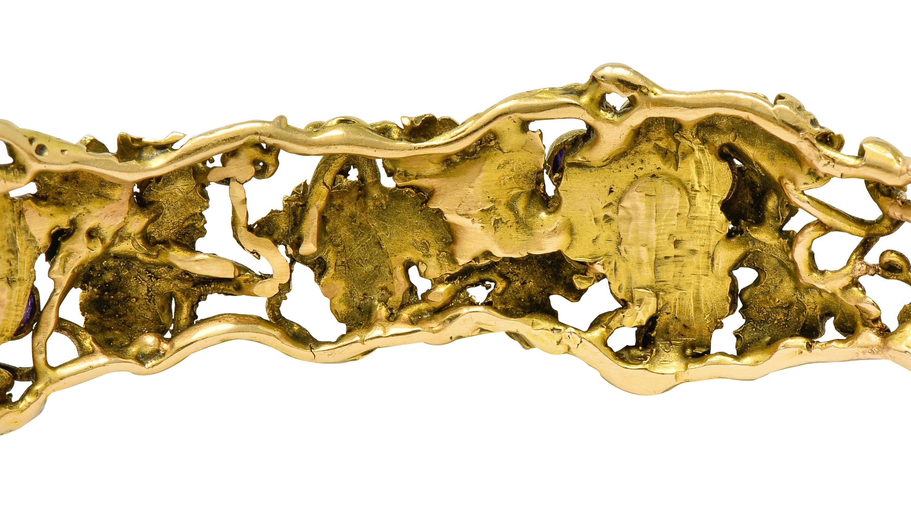 Women's or Men's Arts & Crafts Amethyst 14 Karat Gold Grape Cluster Vine Bangle Bracelet
