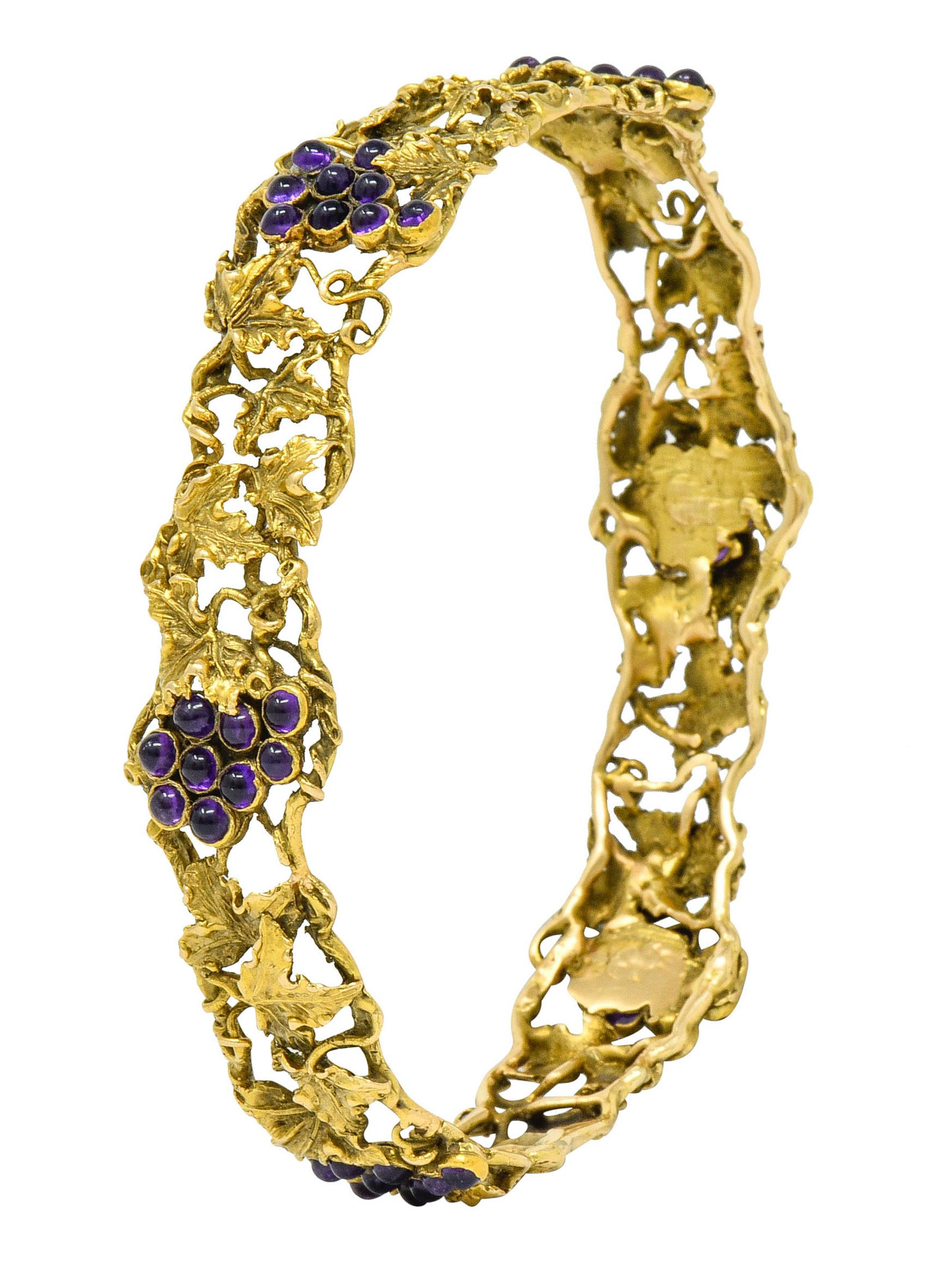 Arts & Crafts Amethyst 14 Karat Gold Grape Cluster Vine Bangle Bracelet 3