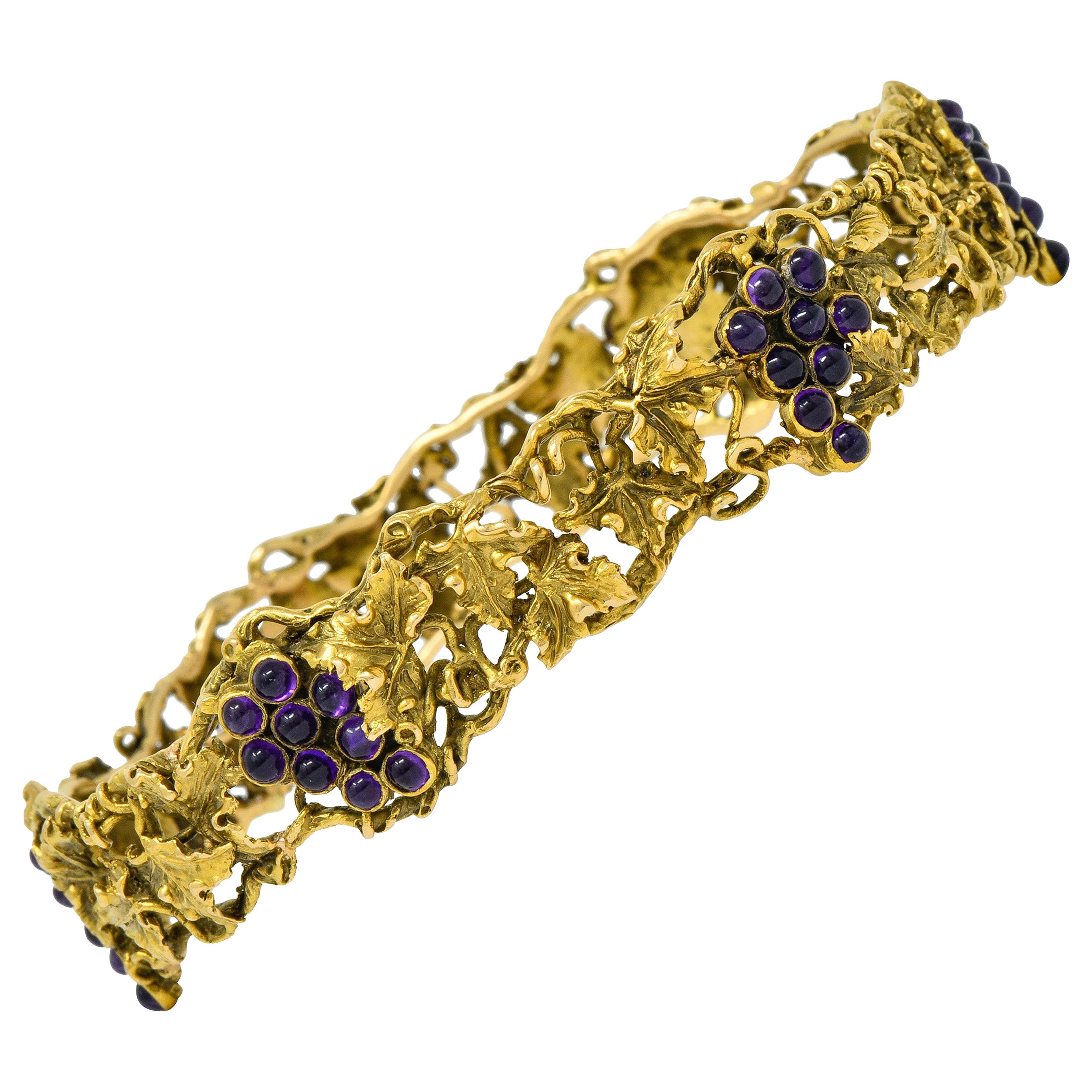 Arts & Crafts Amethyst 14 Karat Gold Grape Cluster Vine Bangle Bracelet