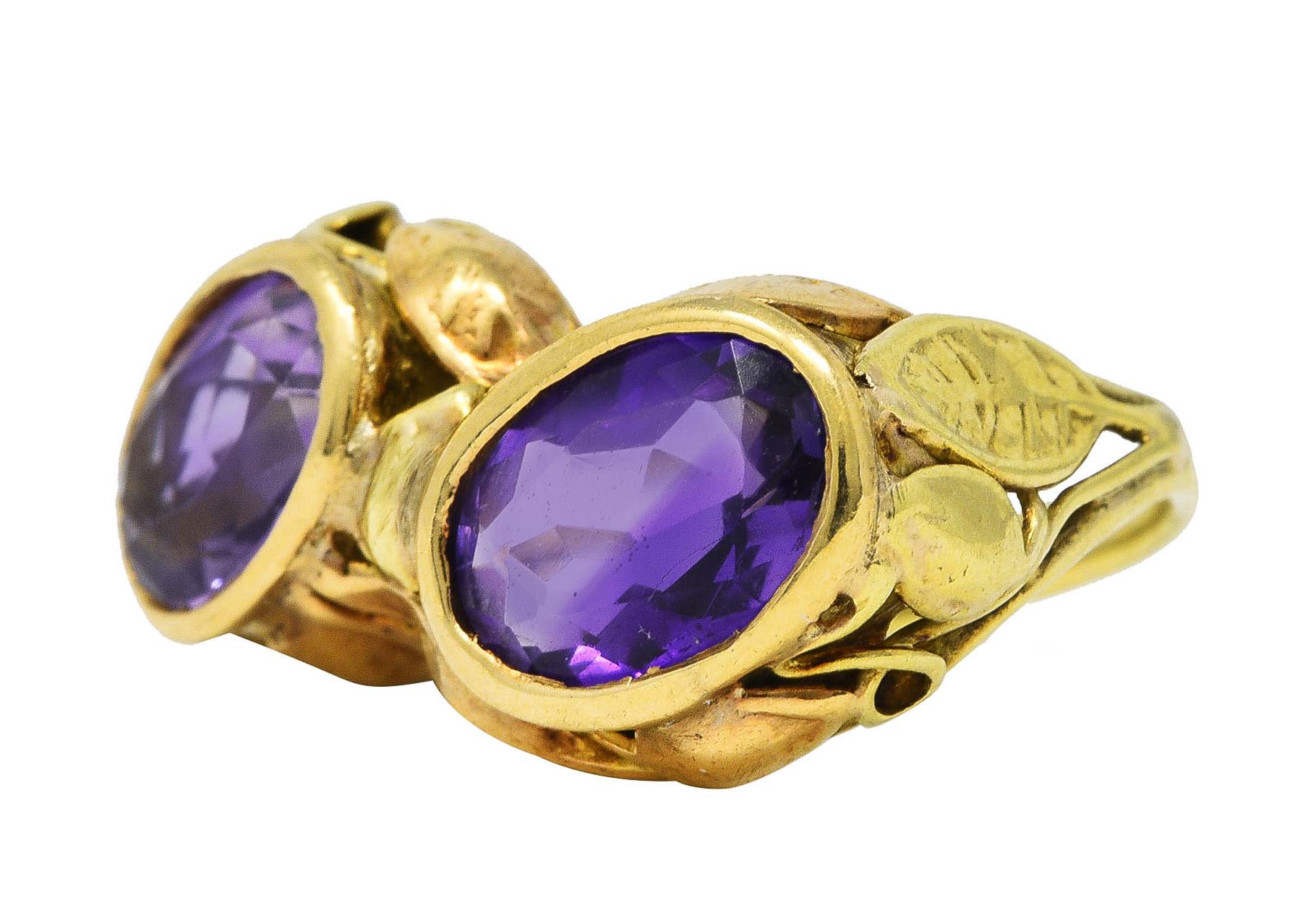 Oval Cut Arts & Crafts Amethyst 14 Karat Two-Tone Gold Foliate Antique Ring For Sale