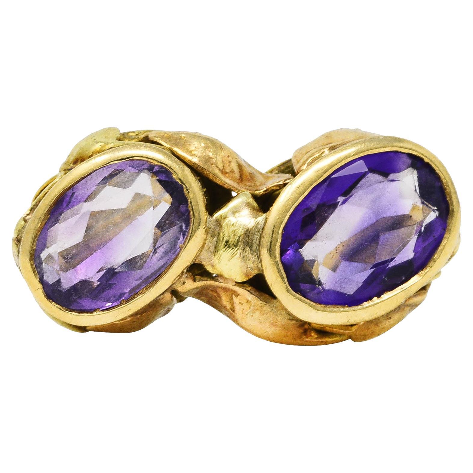 Arts & Crafts Amethyst 14 Karat Two-Tone Gold Foliate Antique Ring For Sale