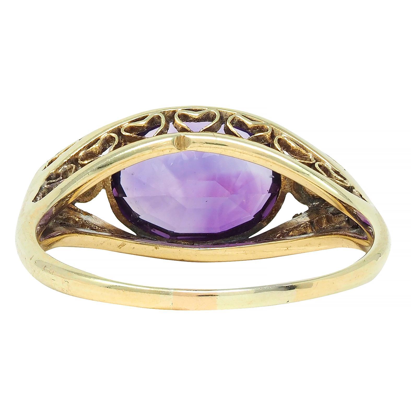 Arts & Crafts Amethyst Diamond 14 Karat Yellow Gold Antique Heart Ring In Excellent Condition In Philadelphia, PA