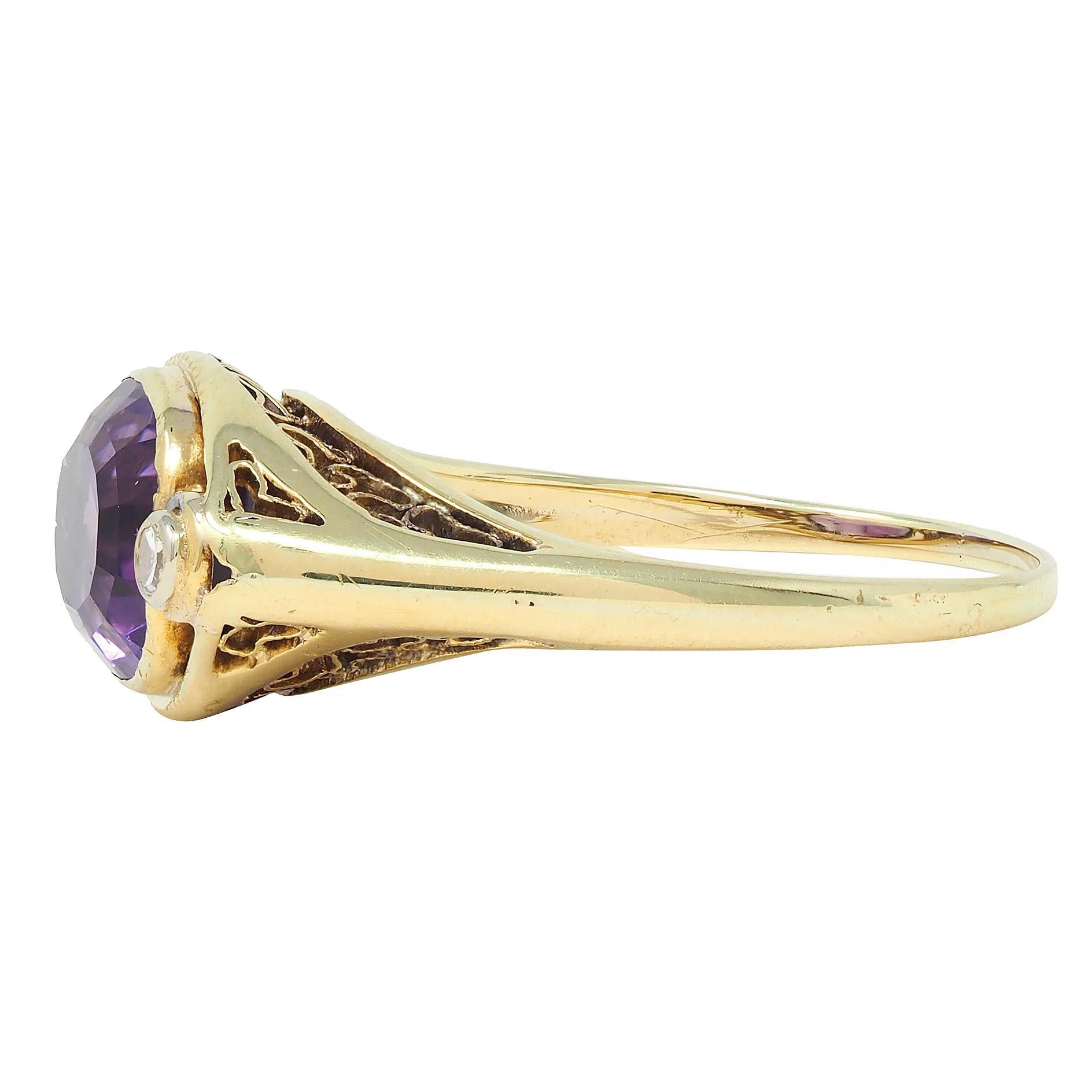 Women's or Men's Arts & Crafts Amethyst Diamond 14 Karat Yellow Gold Antique Heart Ring
