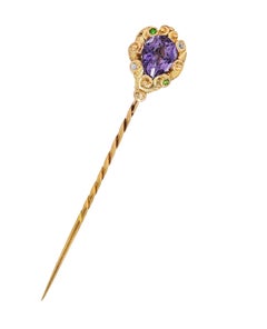 Arts and Crafts Amethyst-Diamant-Smaragd- Suffragette-Anstecknadel, antik