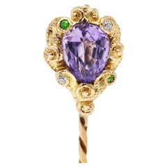 Arts & Crafts Amethyst Diamond Emerald Swirling Suffragette Antique Stickpin
