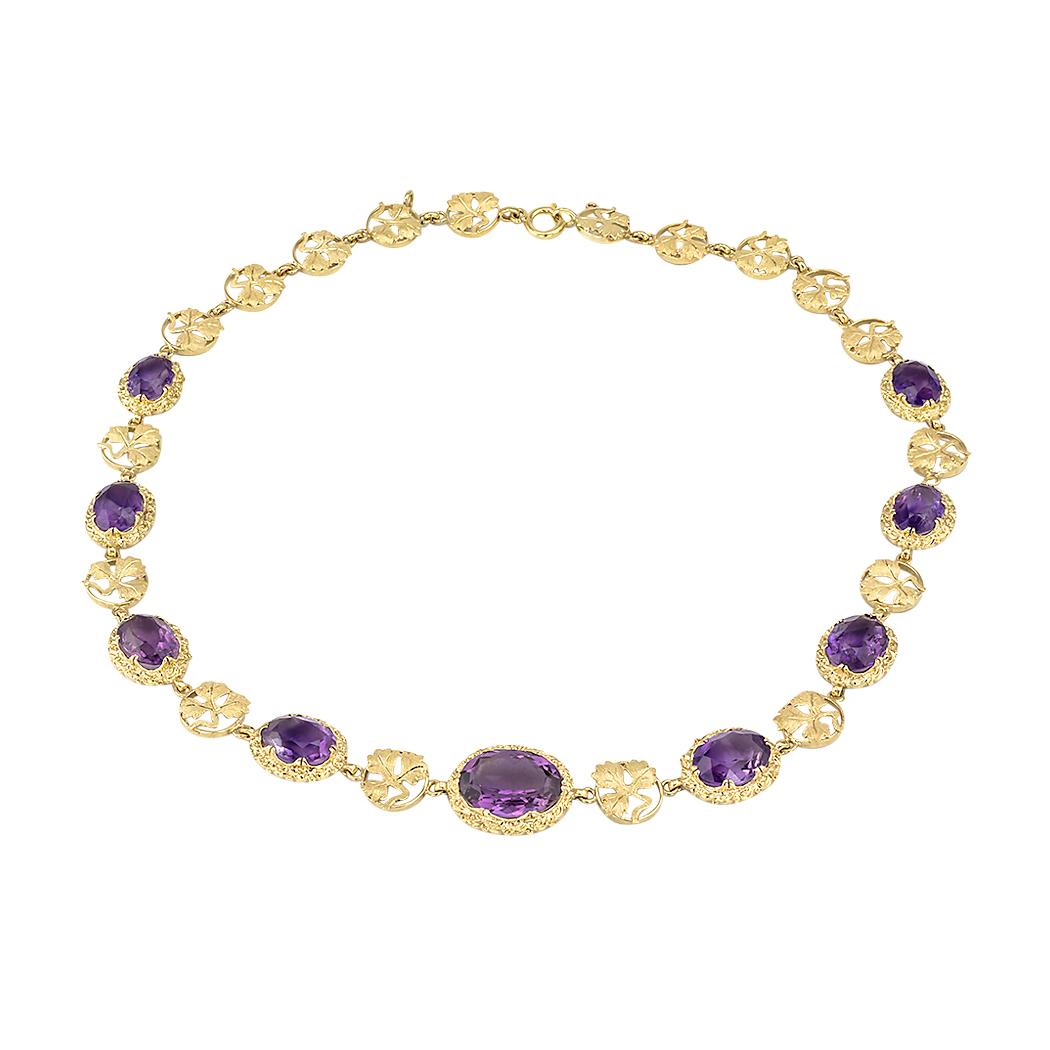 Oval Cut Arts & Crafts Amethyst Yellow Gold Link Necklace