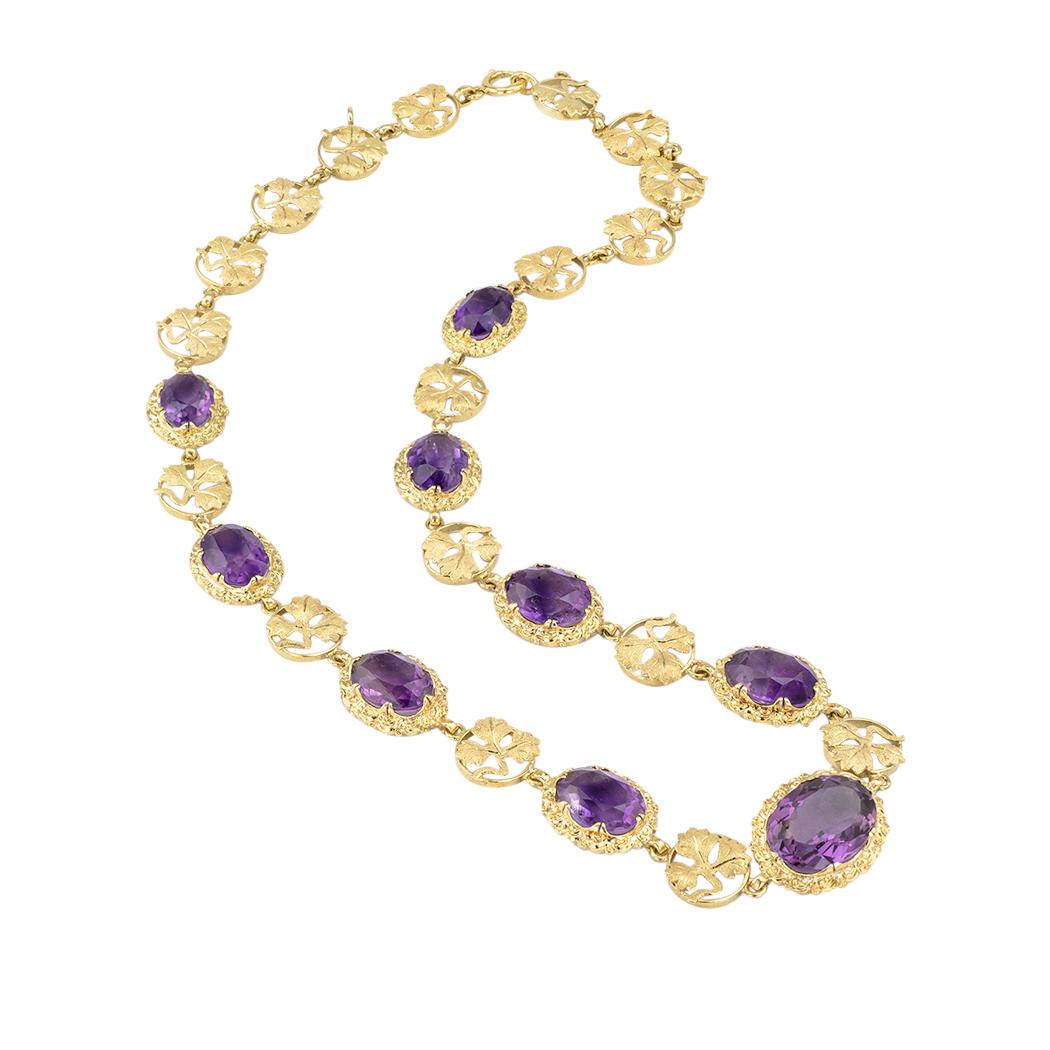 Arts & Crafts Amethyst Yellow Gold Link Necklace In Good Condition In Los Angeles, CA