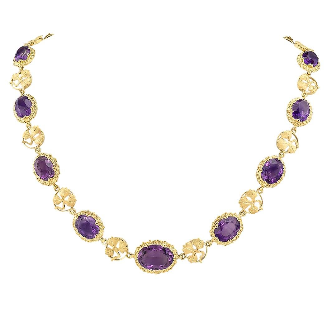 Arts & Crafts Amethyst Yellow Gold Link Necklace