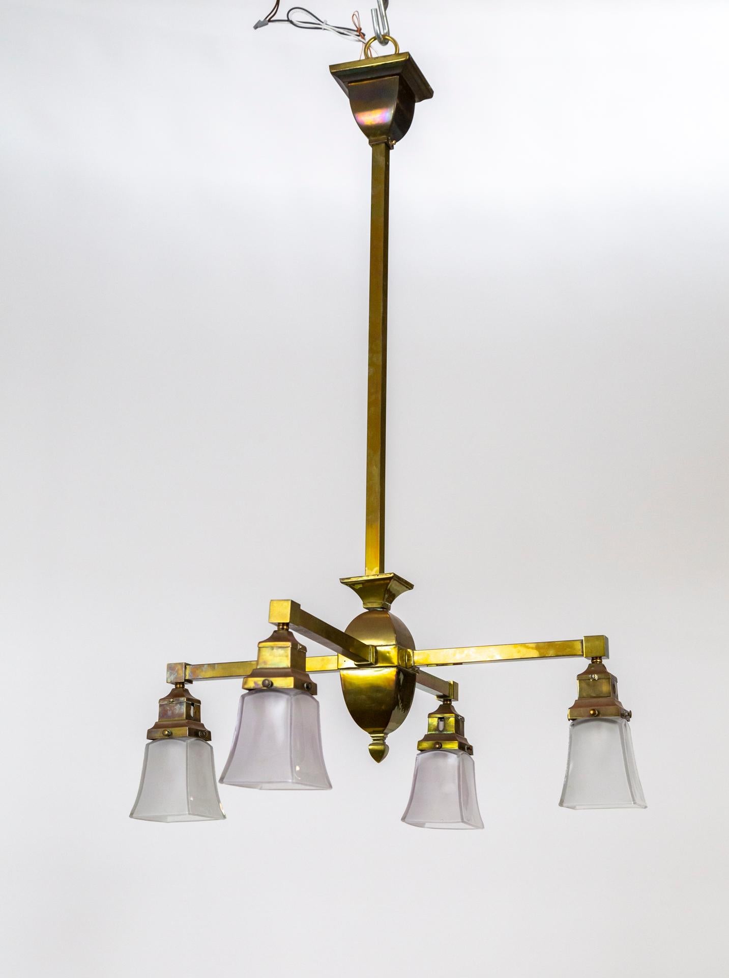 Arts & Crafts Angular 4-Arm Brass Chandelier w/ Glass Shades For Sale 4