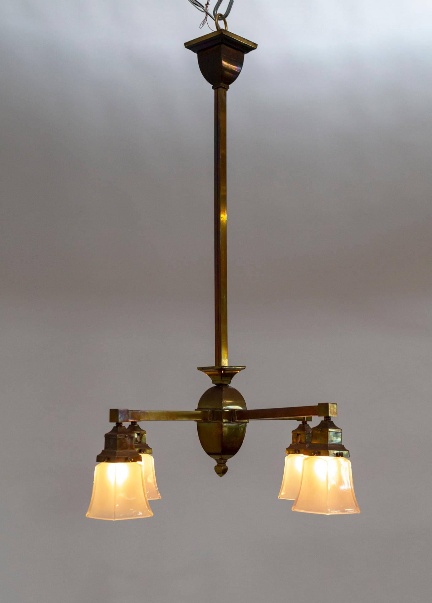 Arts and Crafts Arts & Crafts Angular 4-Arm Brass Chandelier w/ Glass Shades For Sale