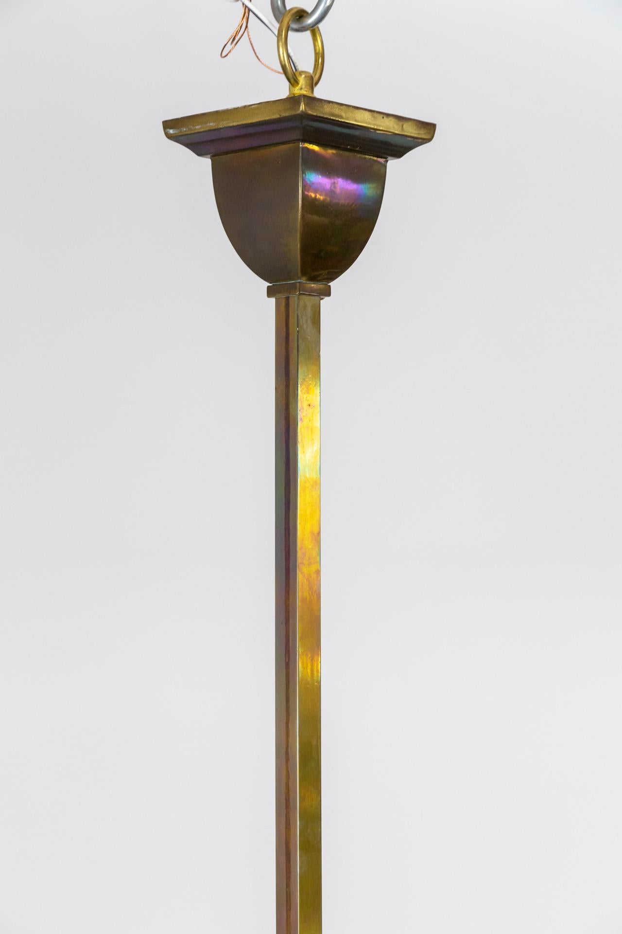 Arts & Crafts Angular 4-Arm Brass Chandelier w/ Glass Shades For Sale 1