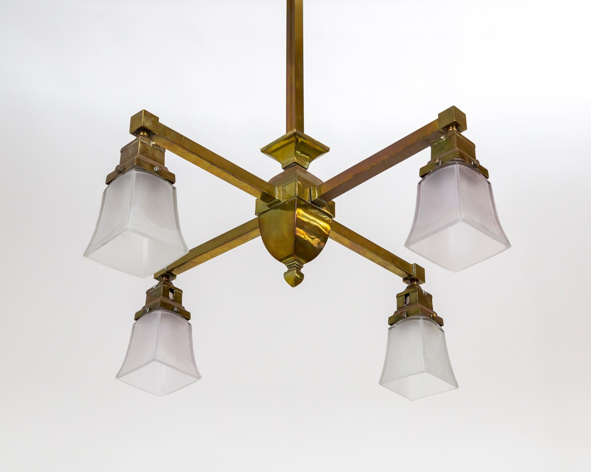 Arts & Crafts Angular 4-Arm Brass Chandelier w/ Glass Shades For Sale 2