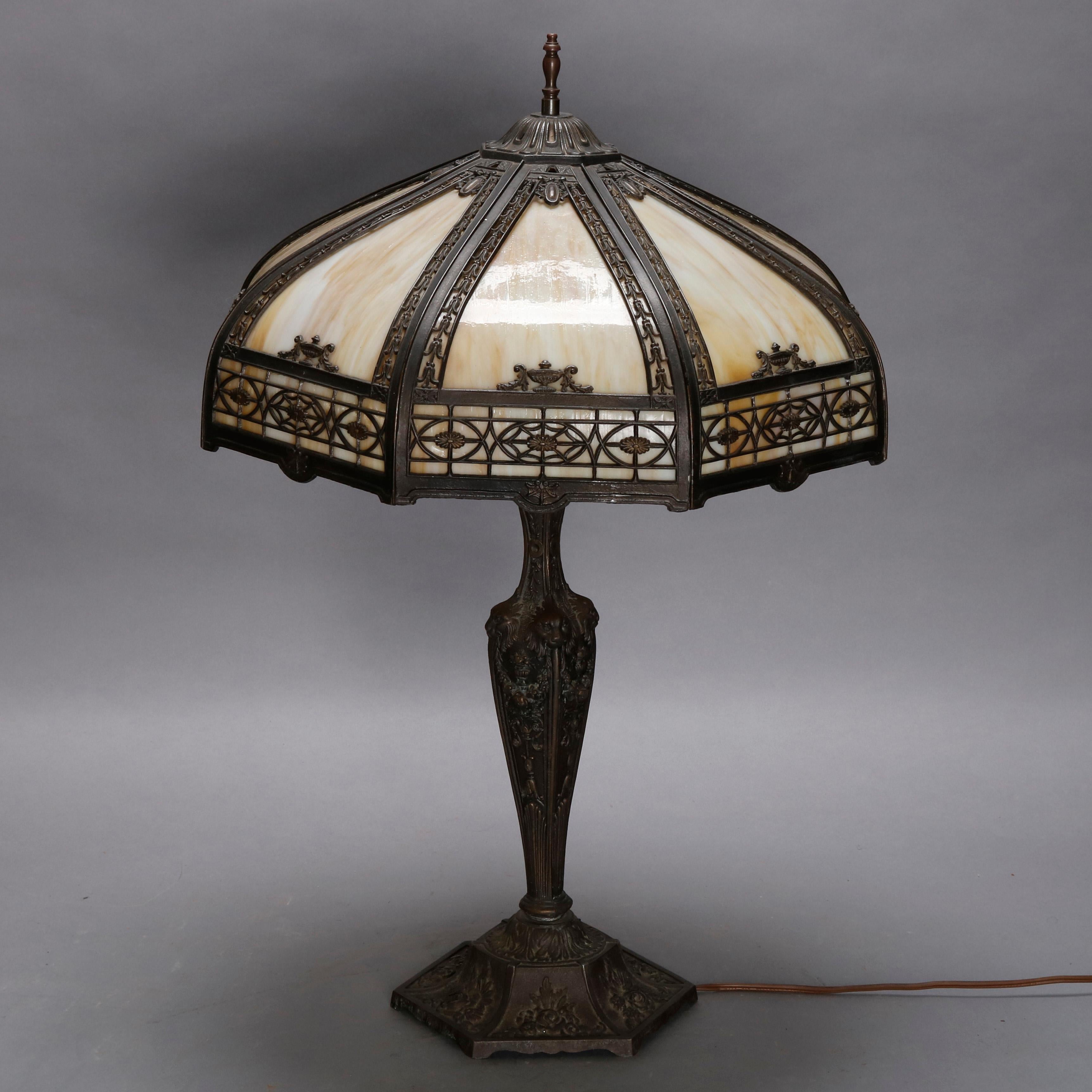 Arts & Crafts Antique Bradley & Hubbard School Slag Glass Table Lamp, circa 1920 3