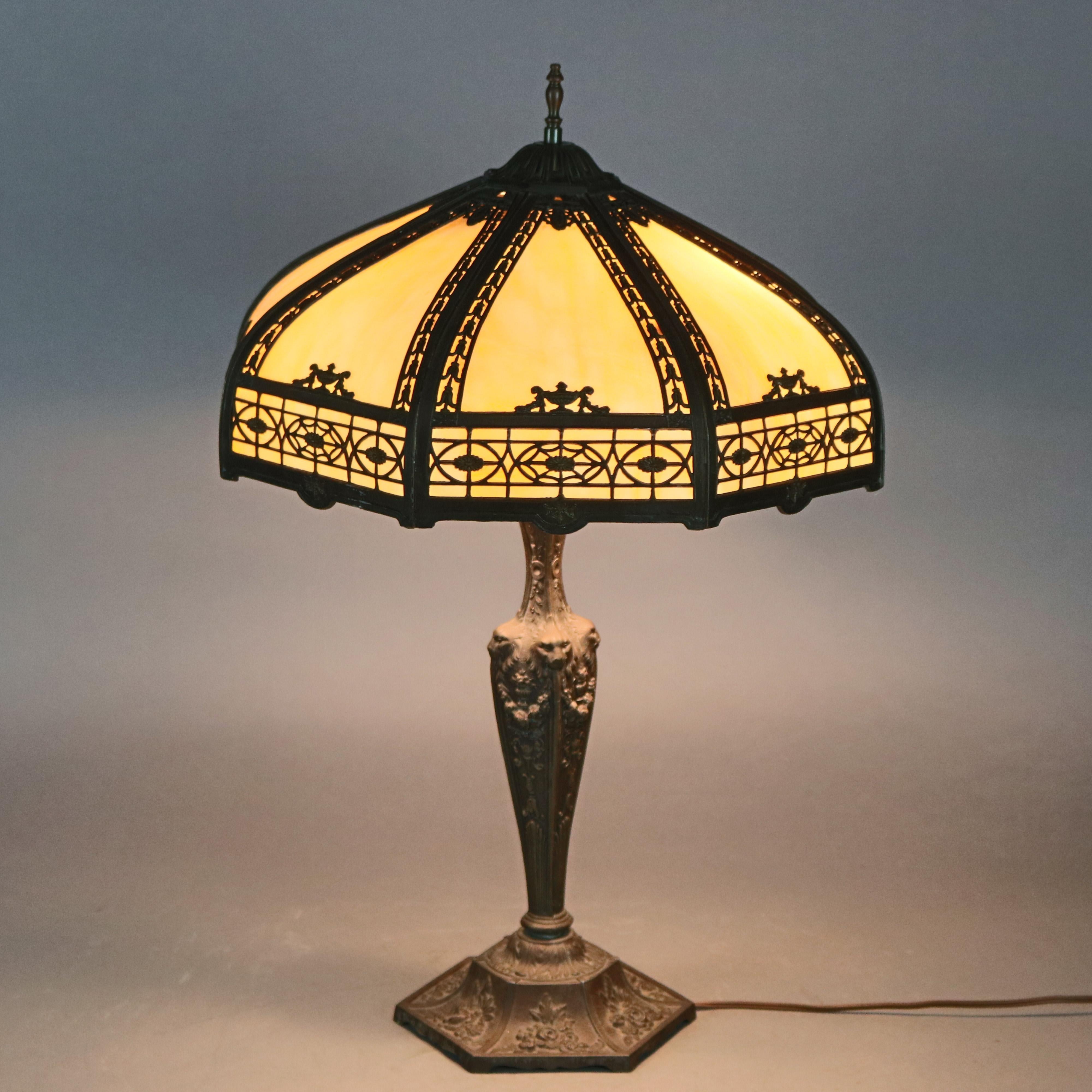 Metal Arts & Crafts Antique Bradley & Hubbard School Slag Glass Table Lamp, circa 1920