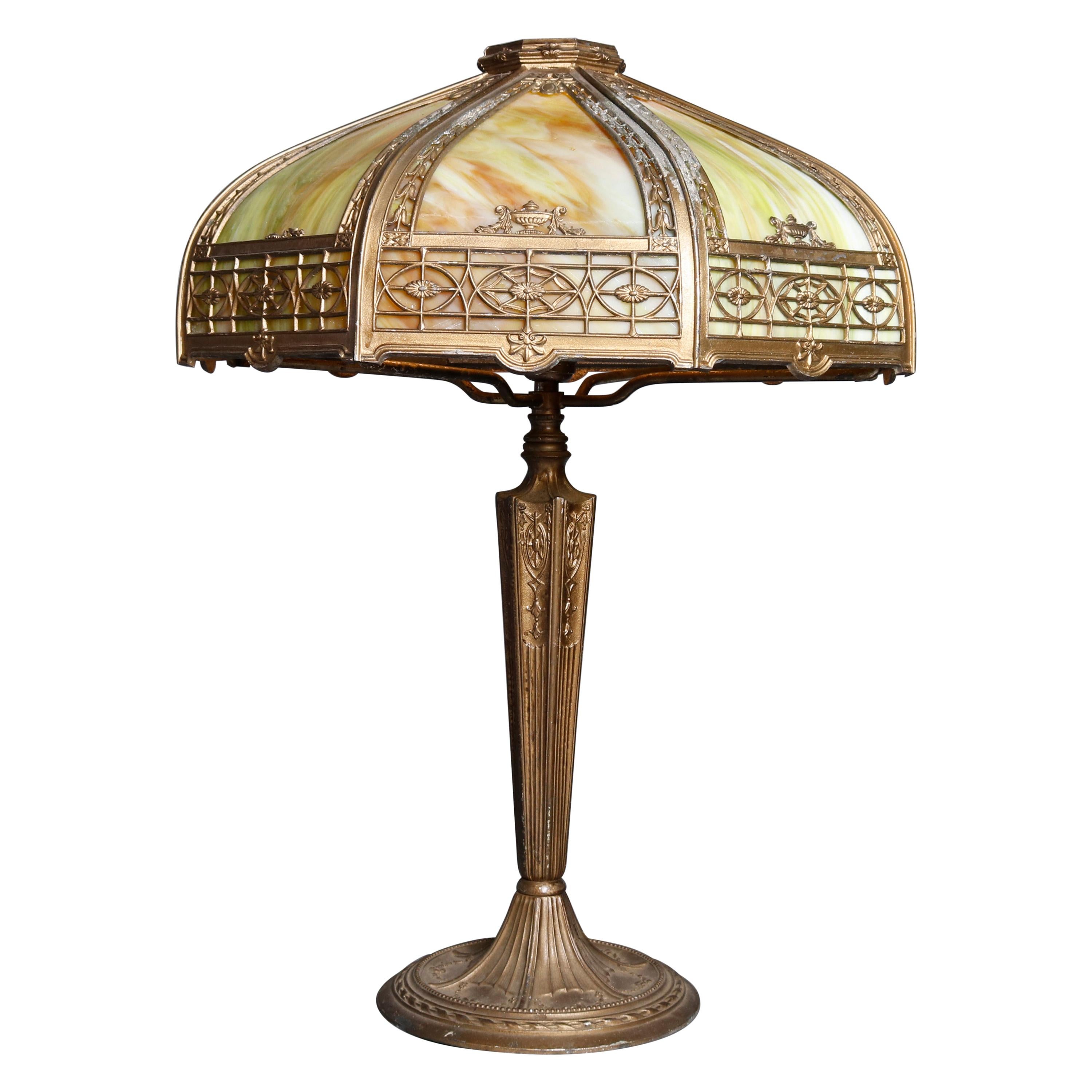 Arts & Crafts Antique Bradley & Hubbard School Slag Glass Table Lamp, circa 1920