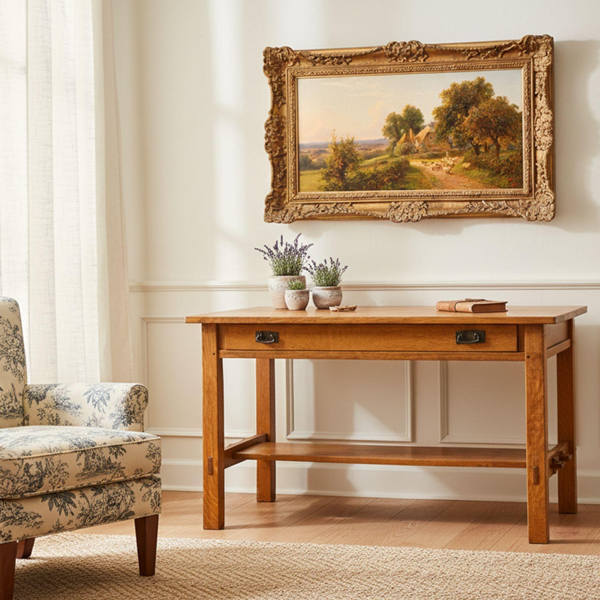L. & J.G. STICKLEY OAK LIBRARY TABLE MODEL NO. 531
Retaining original L. & J.G. Stickley label inside drawer
Fayetteville, New York, circa 1912-17

28 7/8