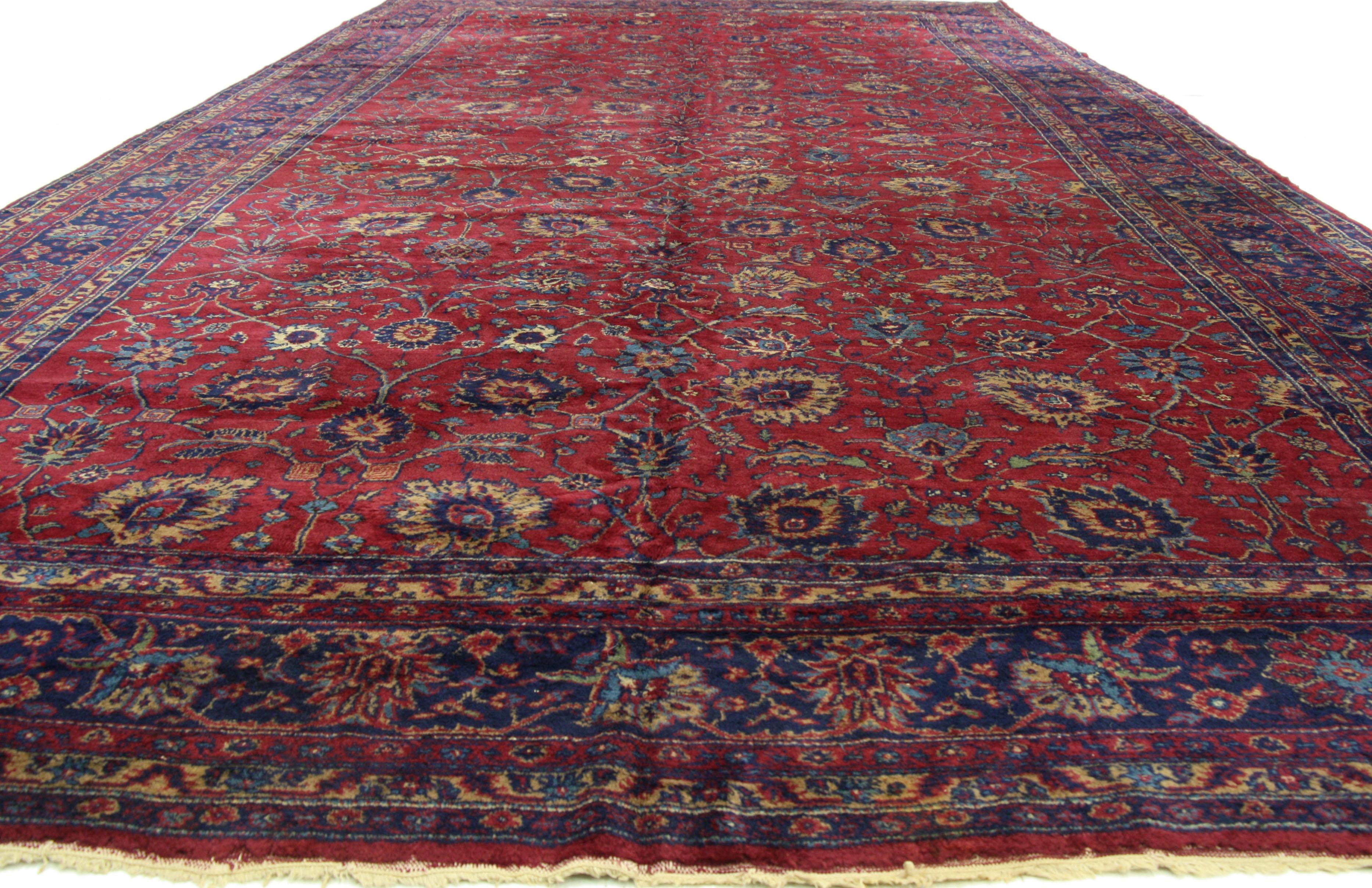 71780 Alfombra Antigua Turca Esparta de Tamaño Palacio con Estilo Lujoso Regencia Veneciana 11'00 x 20'06. Rica en color, textura y ambiente seductor, esta antigua alfombra turca Esparta de lana anudada a mano en tamaño palacio con estilo Luxe