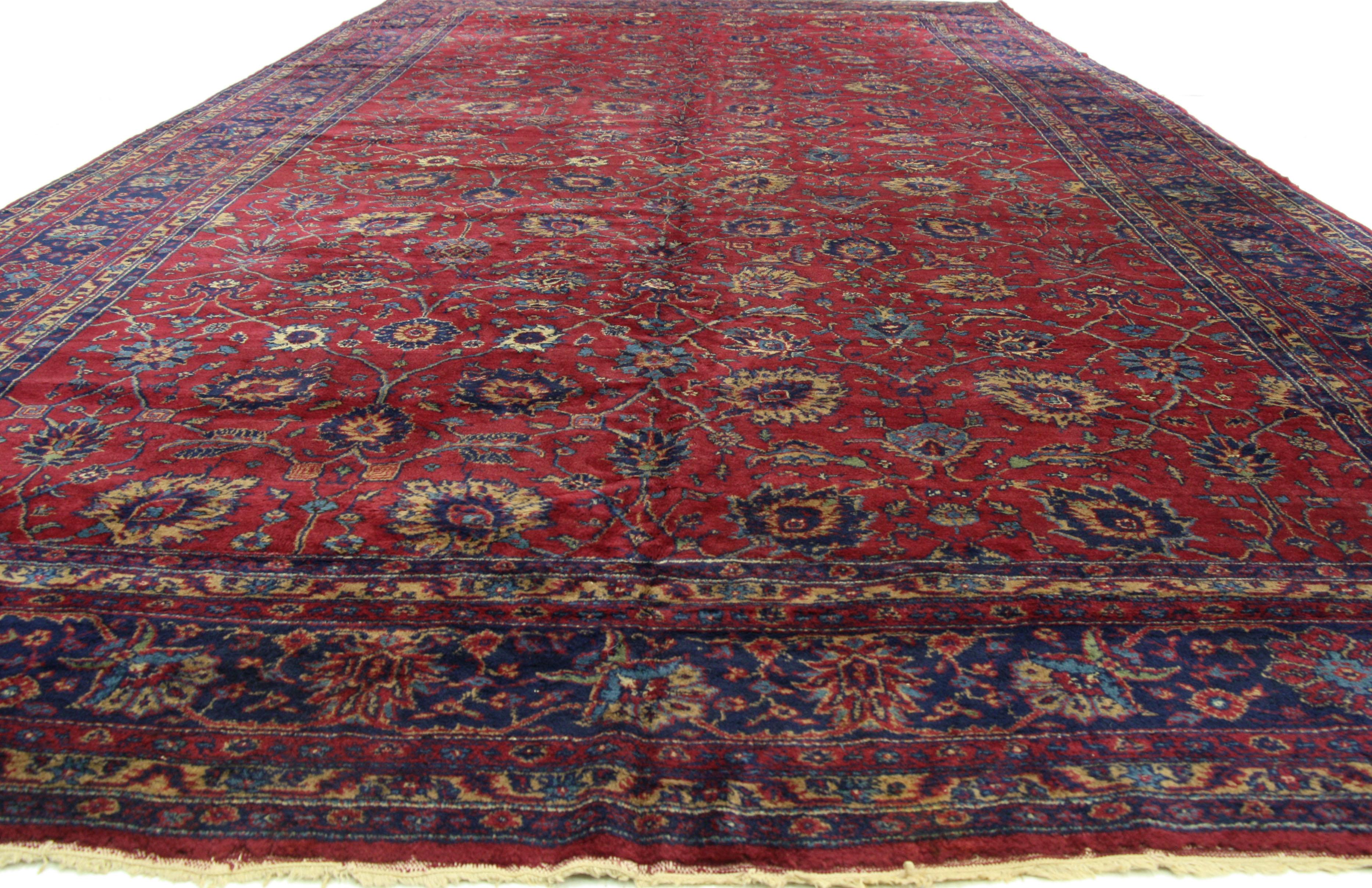 71780 Antique Turkish Sparta Palace Size Rug with Luxe Regency Venetian Style 11'00 x 20'06. ​Riche en couleurs, en texture et en ambiance séduisante, ce tapis spartiate turc ancien de taille palace en laine nouée à la main avec Luxe Style présente