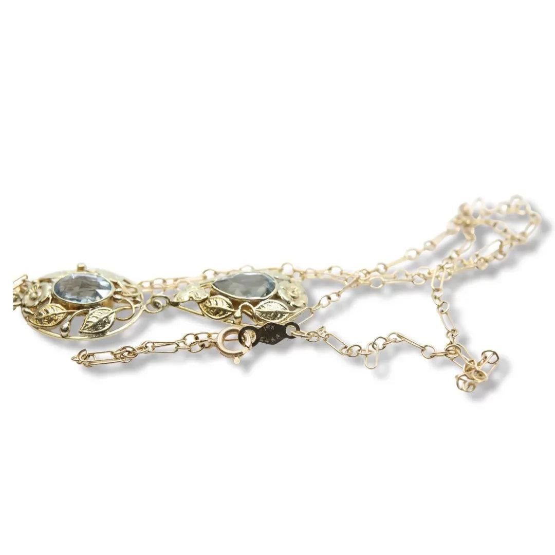 Arts and Crafts Arts & Crafts Aquamarine Leaf Foliate Necklace in 14K Yellow Gold For Sale