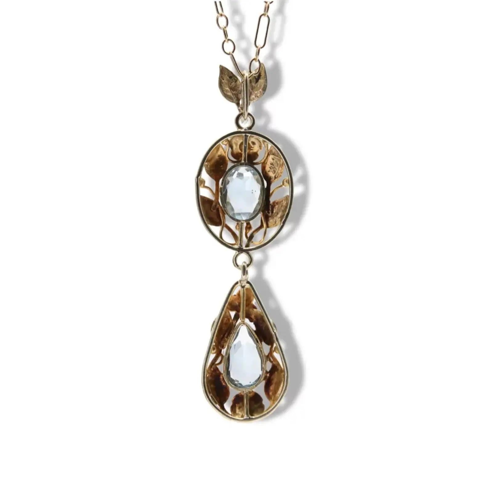 Pear Cut Arts & Crafts Aquamarine Leaf Foliate Necklace in 14K Yellow Gold For Sale