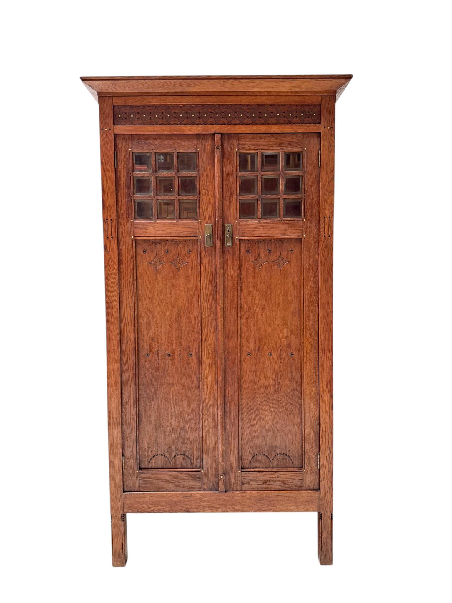 Beveled Arts & Crafts Armoire or Bookcase In the style of Architect Lauweriks, 1890s For Sale