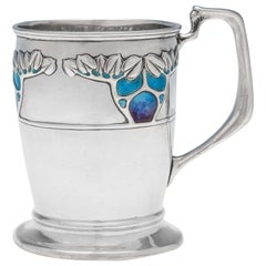 Arts & Crafts & Art Nouveau Enamelled Antique Sterling Silver Mug by Connell