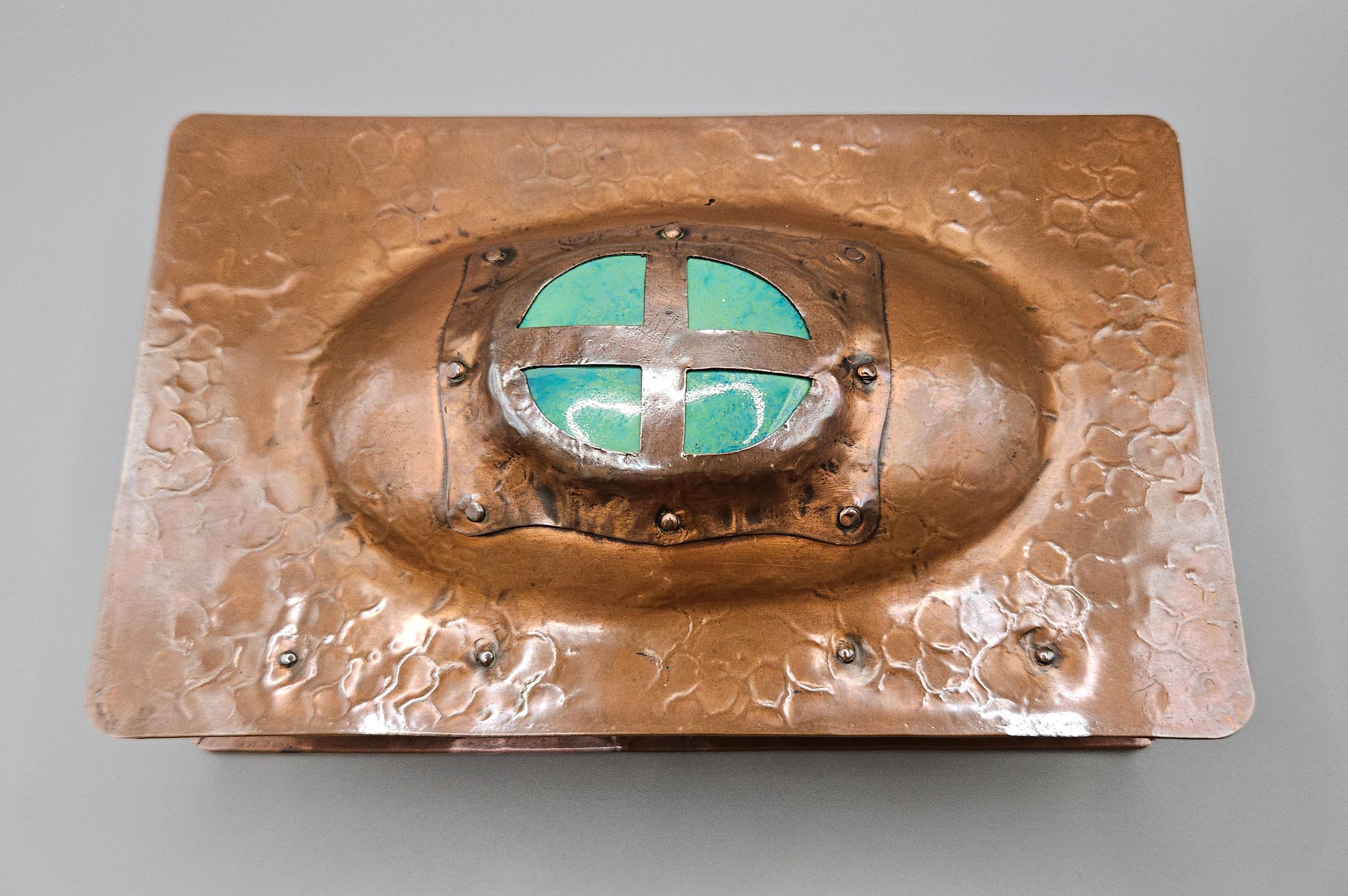 Arts and Crafts Arts & Crafts Art Nouveau Jugendstil Ruskin Enamel Copper Box, A E Jones, c.1905 For Sale