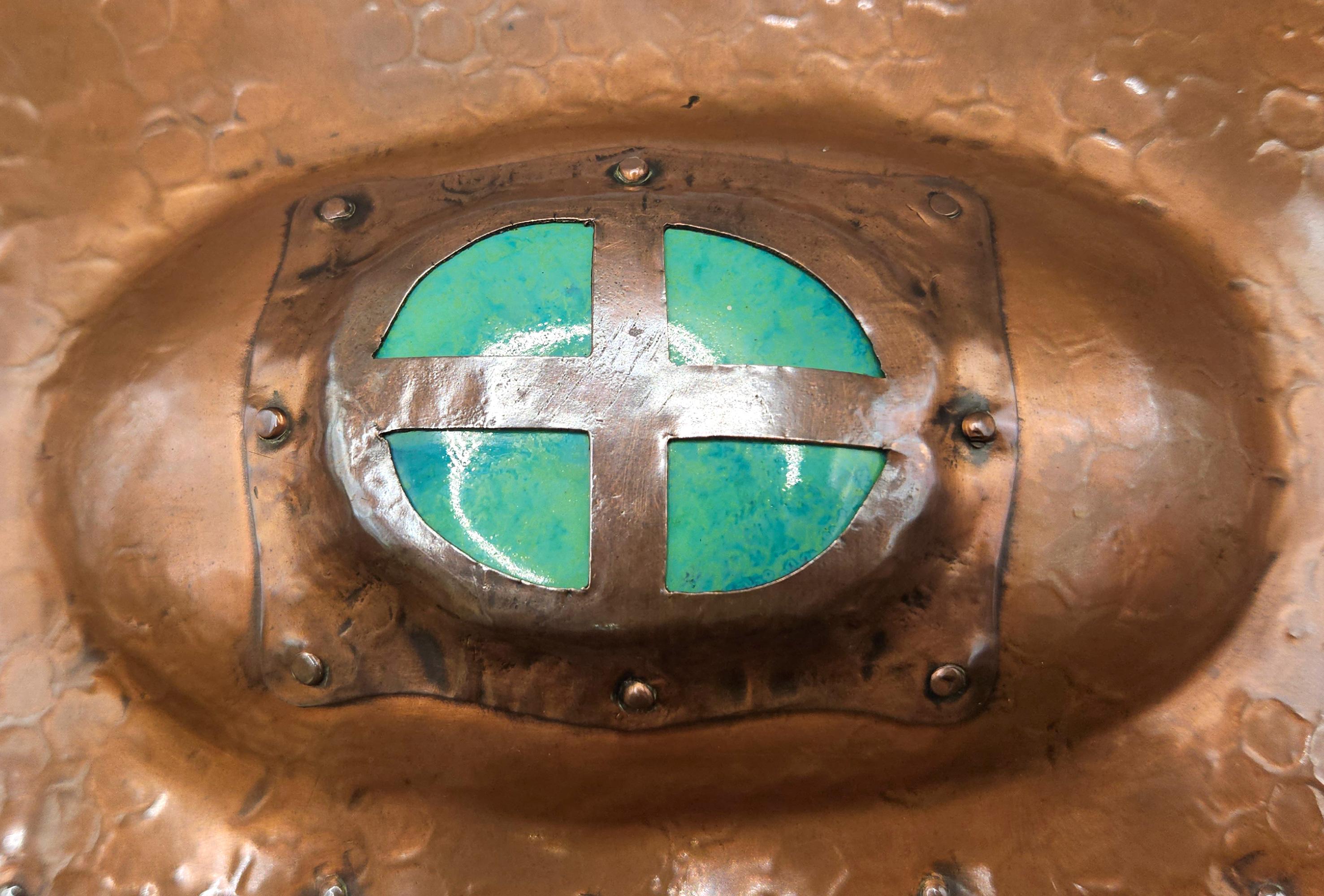 English Arts & Crafts Art Nouveau Jugendstil Ruskin Enamel Copper Box, A E Jones, c.1905 For Sale