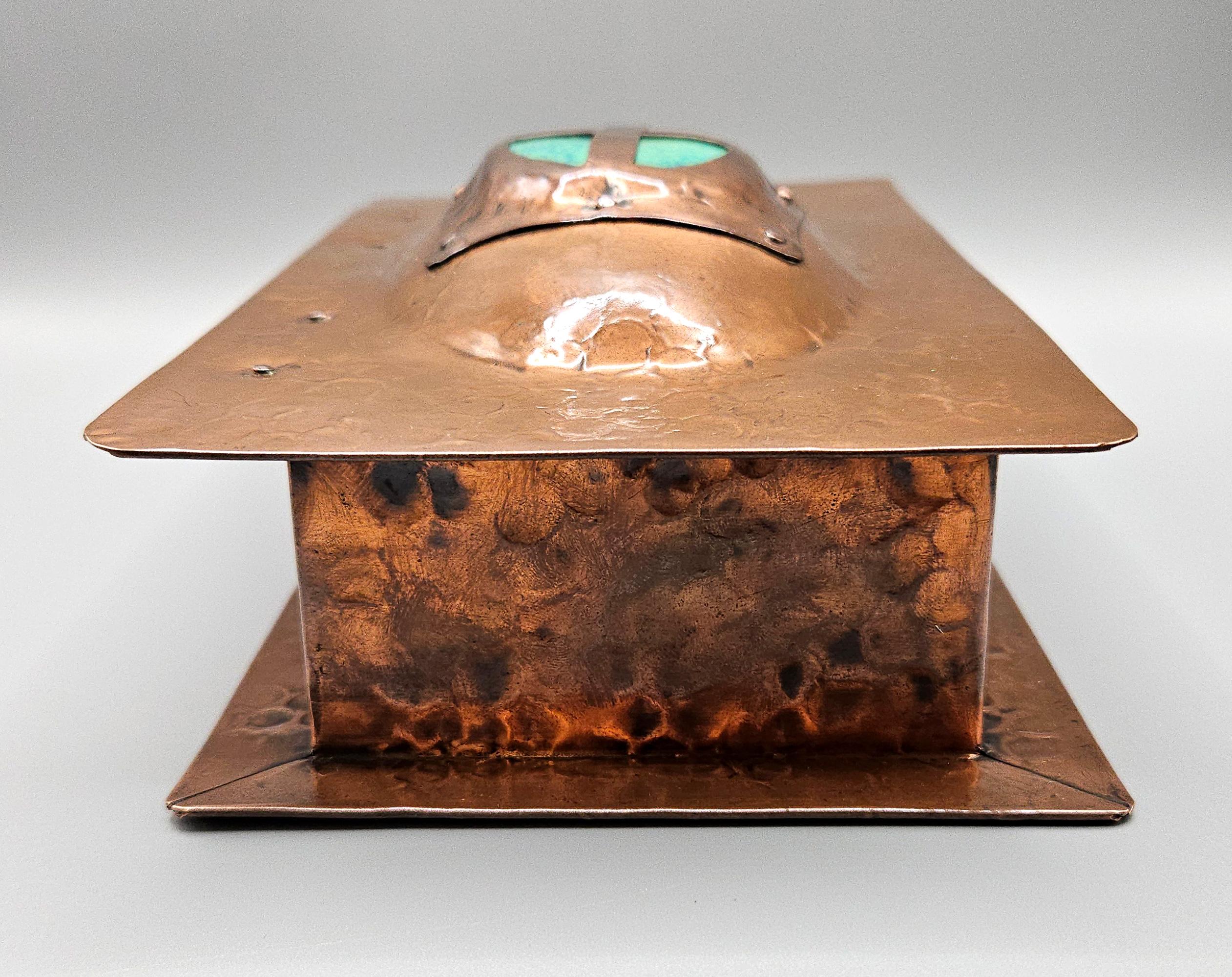 Hammered Arts & Crafts Art Nouveau Jugendstil Ruskin Enamel Copper Box, A E Jones, c.1905 For Sale