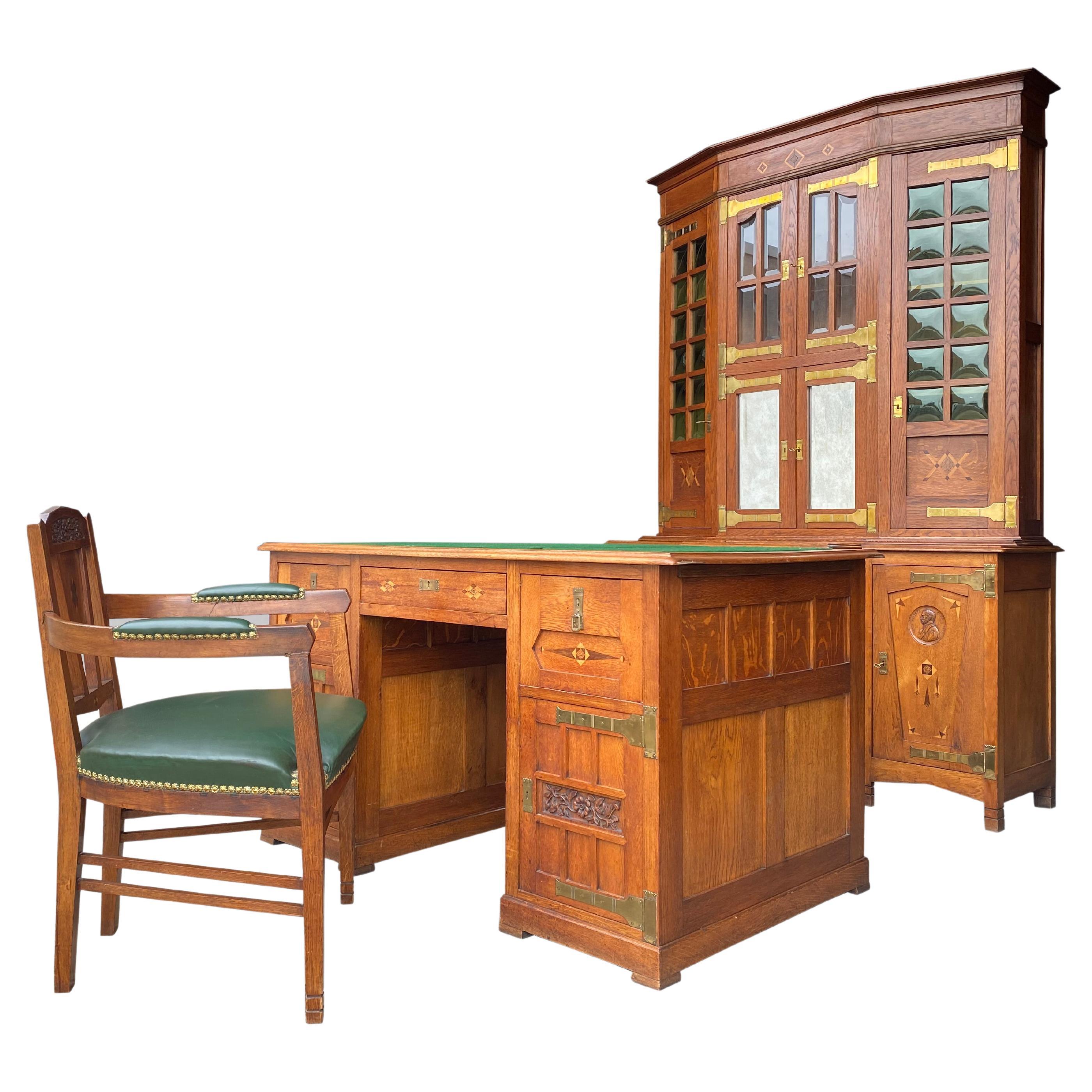 Arts & Crafts Art Nouveau Oak Buffet, Desk and Armchair