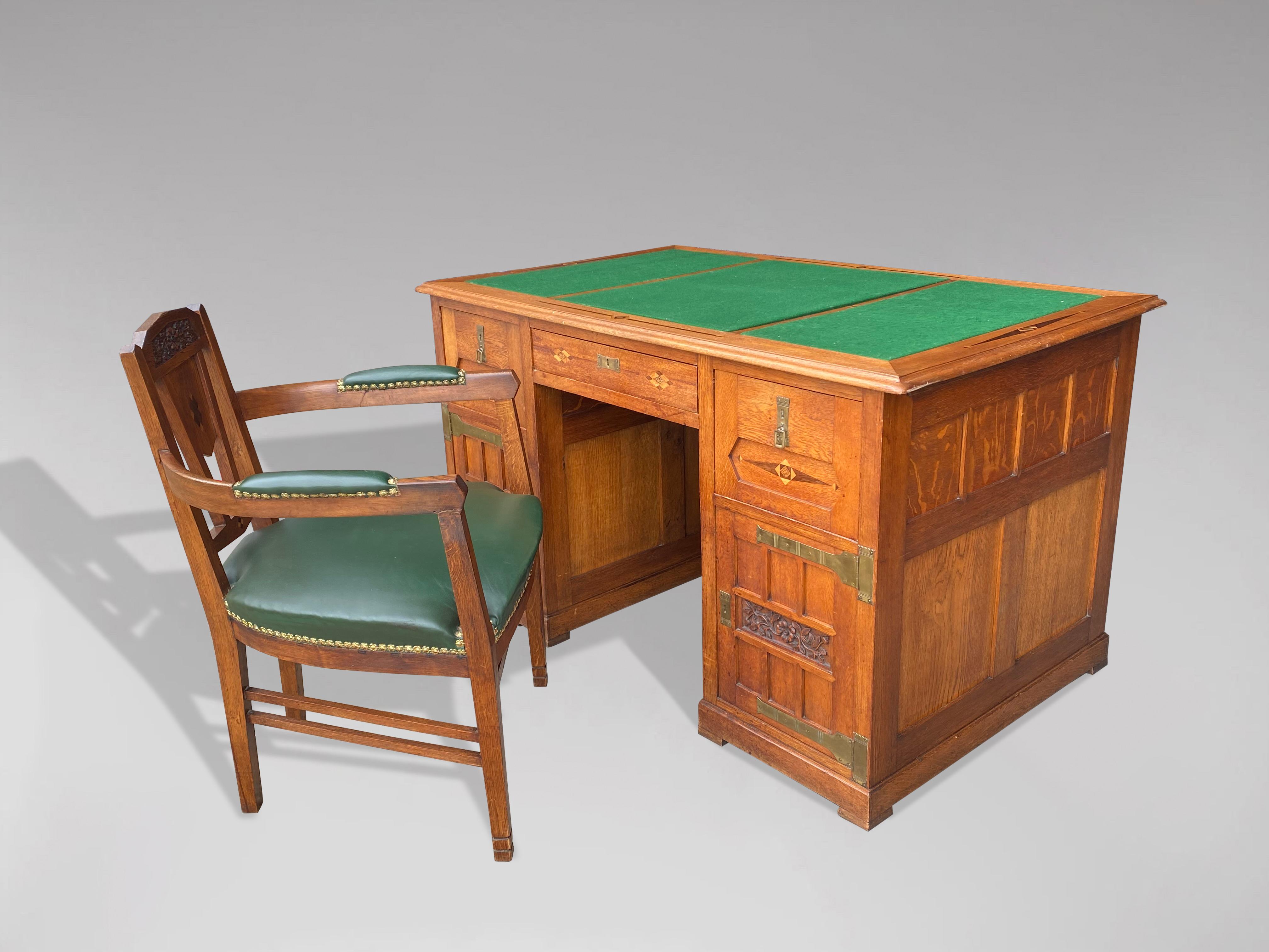 Brass Arts & Crafts Art Nouveau Oak Desk in the Style of Gustave Serrurier Bovy