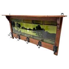 Arts & Crafts Art Nouveau Wall Coat Rack with Ceramic Tiles, 1900s