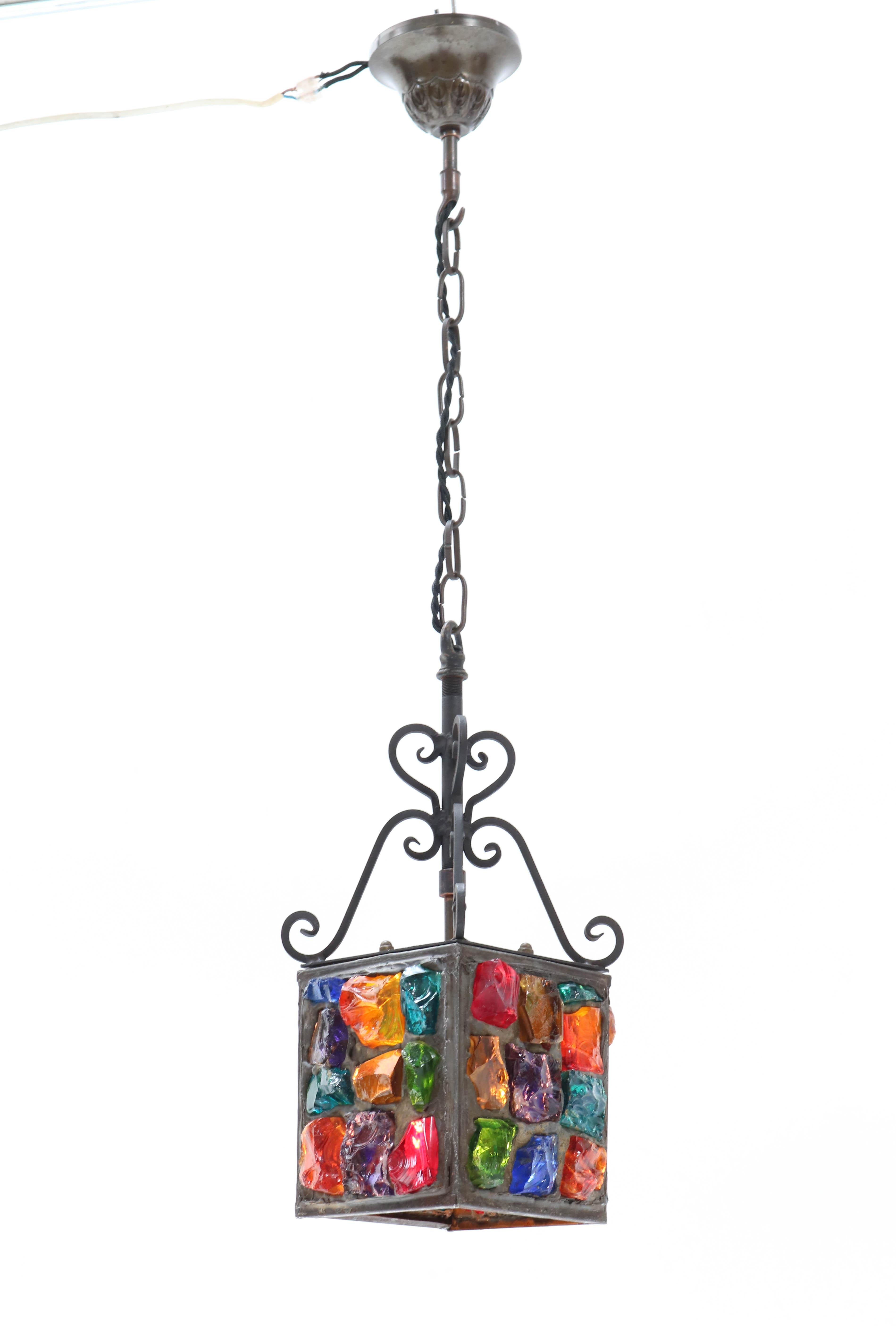 Early 20th Century Arts & Crafts Art Nouveau Wrought Iron Lantern, 1900s For Sale