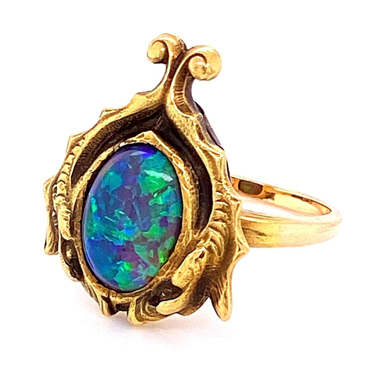 Arts and Crafts Australian Black Opal Gold Cocktail Ring